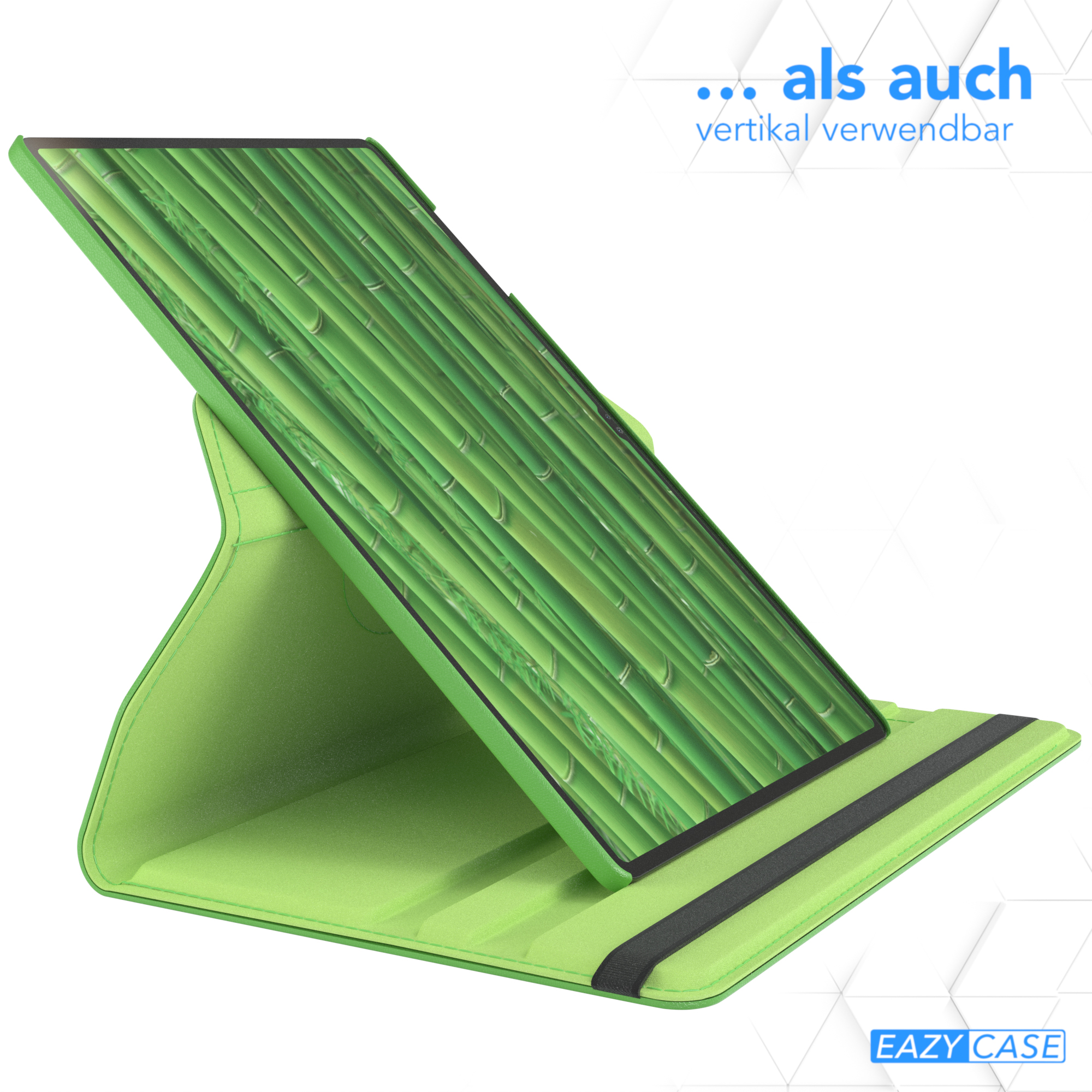 Tablet in einer grünen Hülle. Das Tablet ist auf einem Ständer aufgestellt. Bambusmuster auf dem Bildschirm.