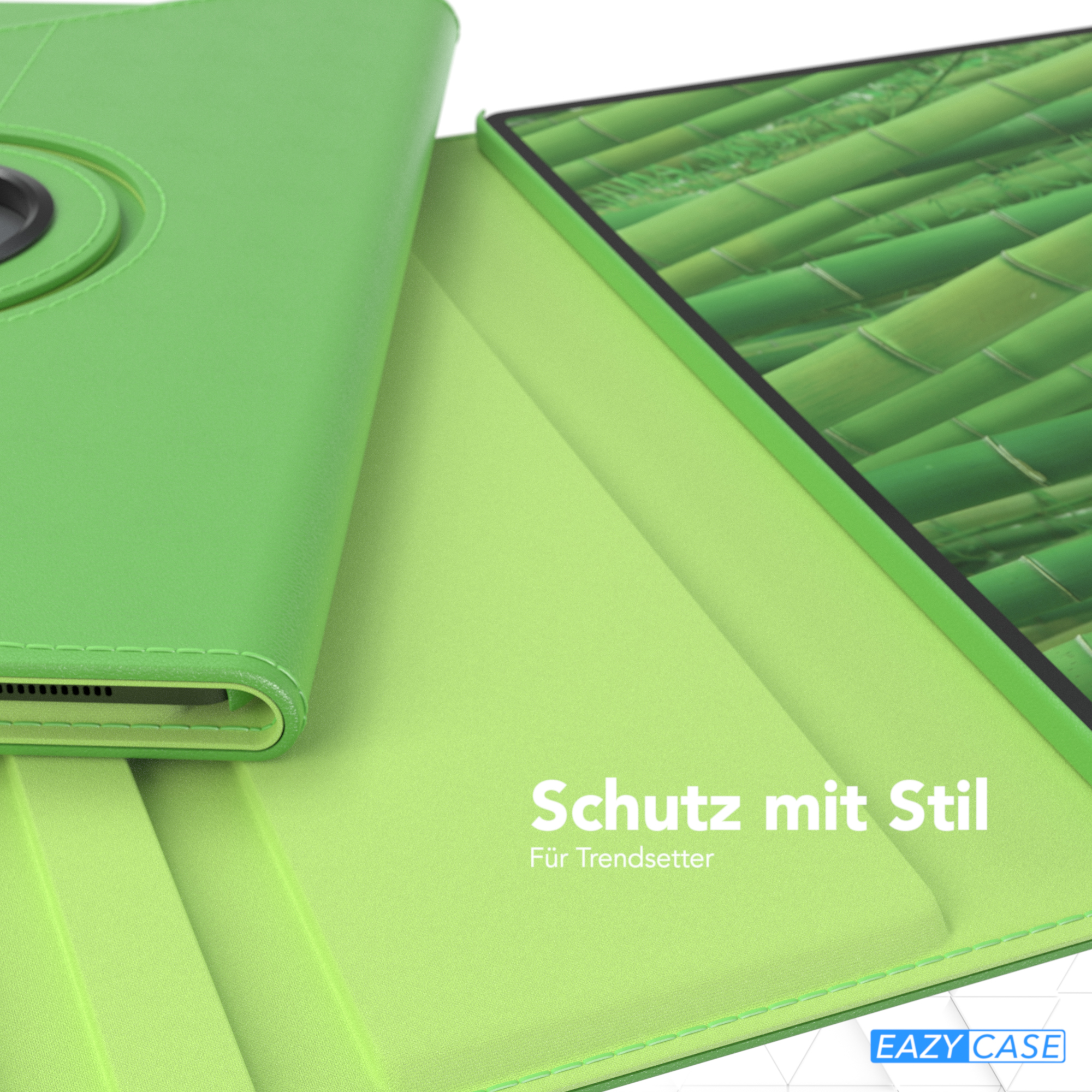 Eine grüne Tablet-Hülle ist geöffnet und zeigt ein Bambusmuster im Innenfutter.