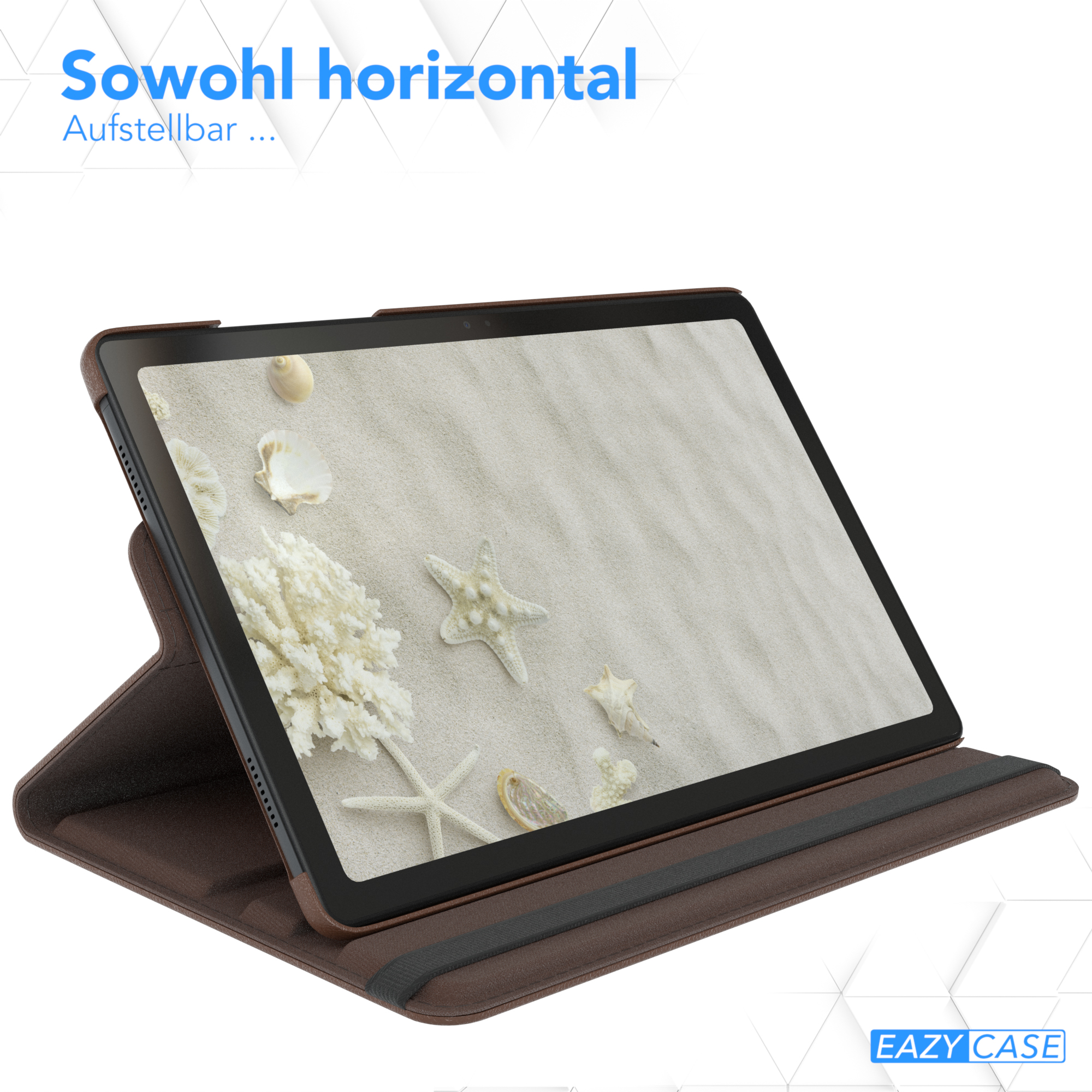 Tablet-Hülle mit einer Strandszene auf dem Bildschirm; die Hülle ist braun.