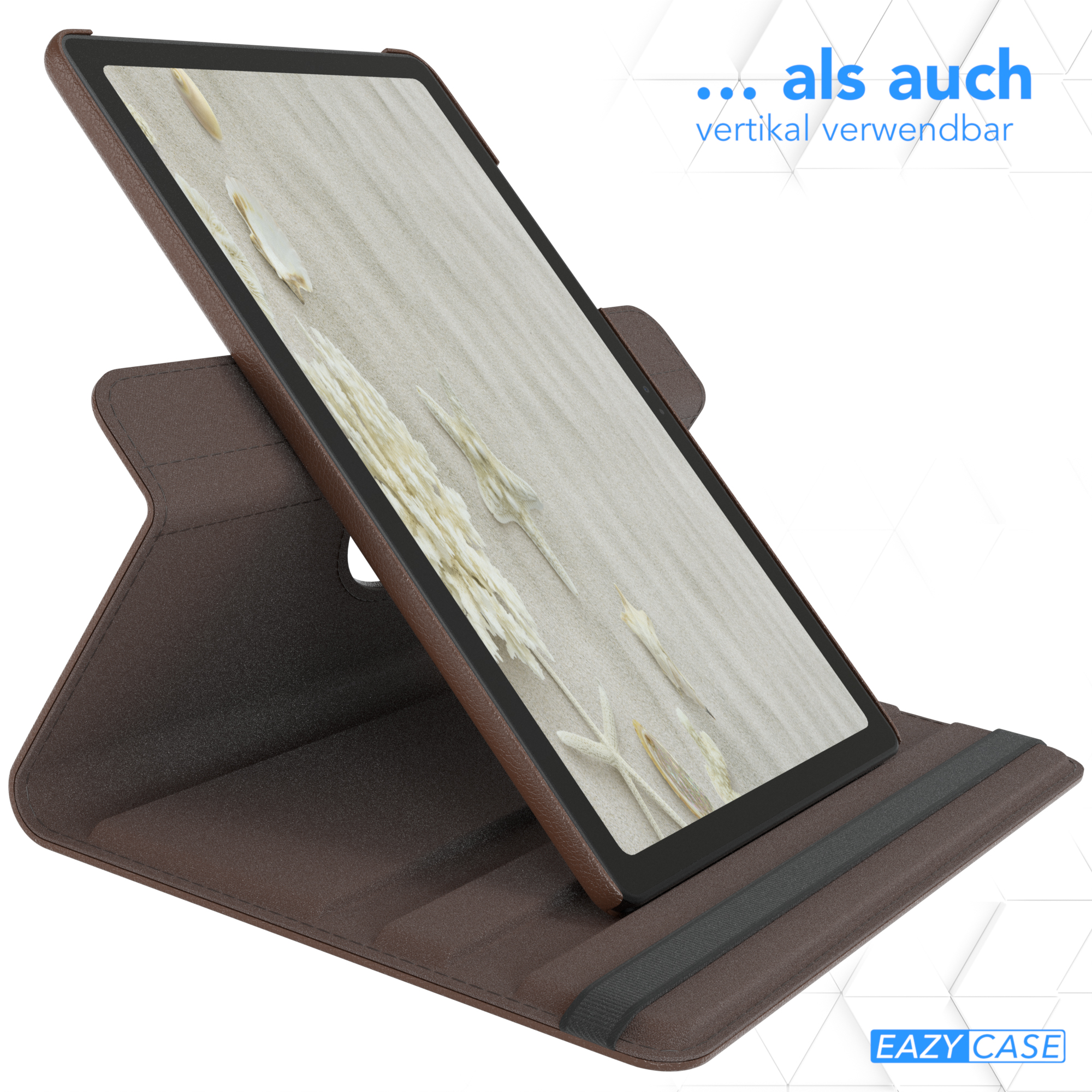 Braune Tablethülle mit Tablet. Text: EAZY CASE. Hintergrund mit Muscheln.