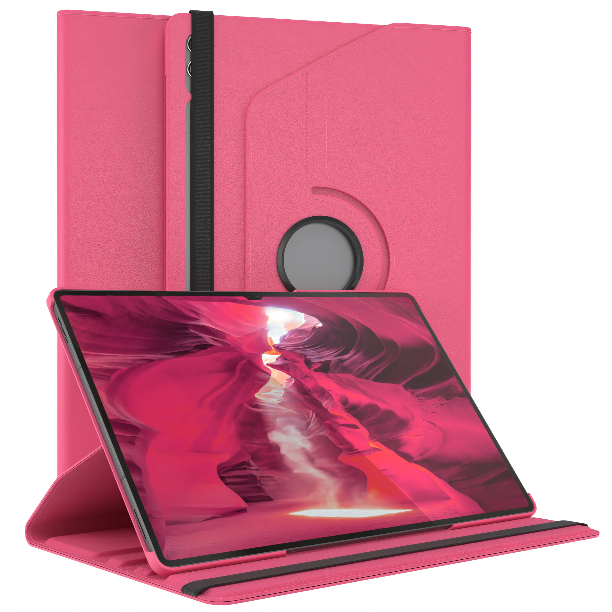 Rosa Tablet in einer Hülle, Querformat, und ein weißer Hintergrund. Die Hülle ist geöffnet, Bildschirm sichtbar.