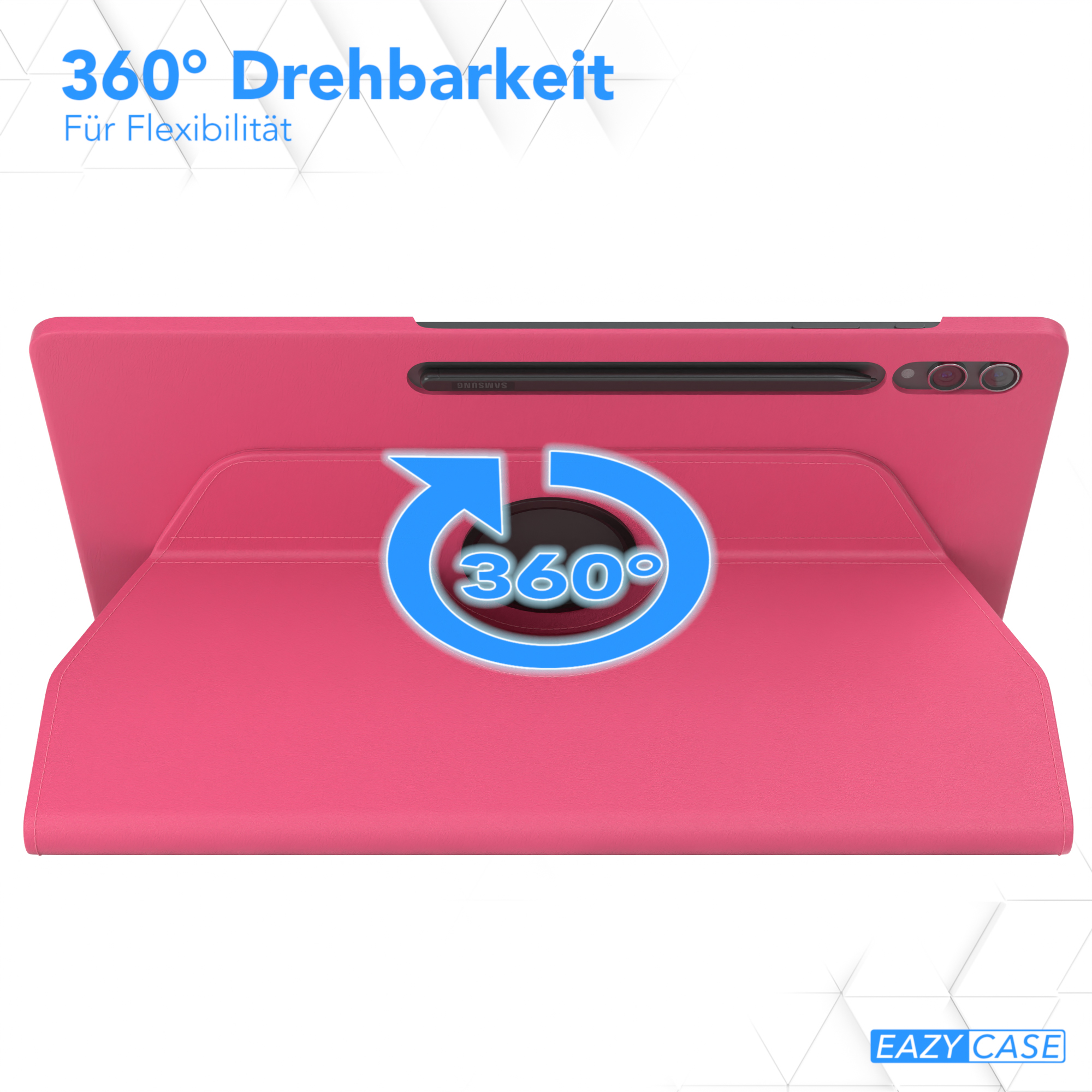 Rosa Tablet in drehbarem Gehäuse. Auf dem Gehäuse steht 'EAZY CASE' und '360°'. Blauer Pfeil.