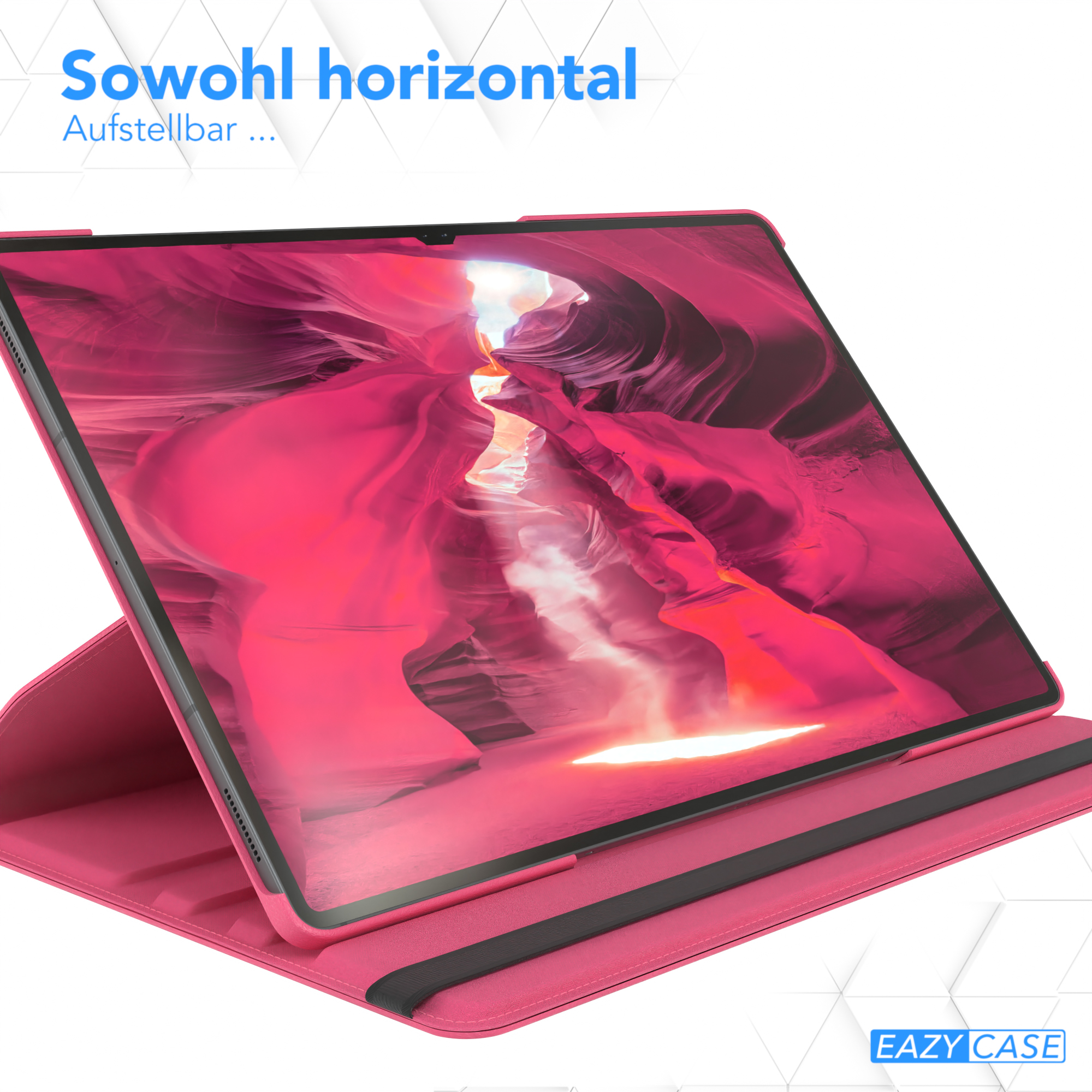 Tablet in pinkem Case, Text 'Sowohl horizontal' darüber. Hintergrund ist eine Canyon-Ansicht.