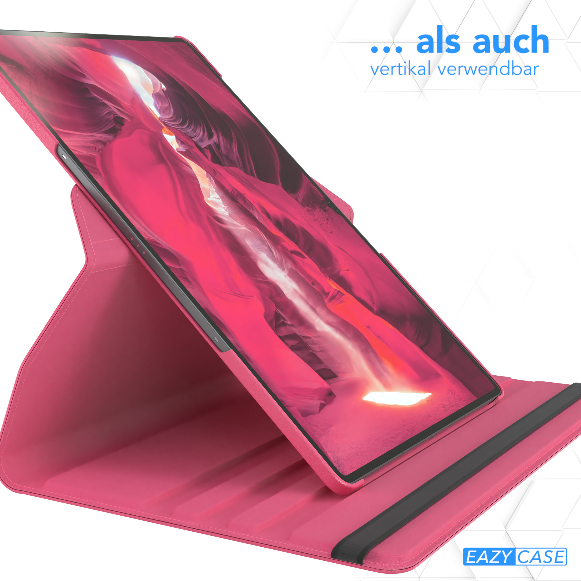 Pinkfarbene Tablet-Hülle, die das Gerät unterstützt. Text: ...auch vertikal nutzbar. Hintergrund ist rot.