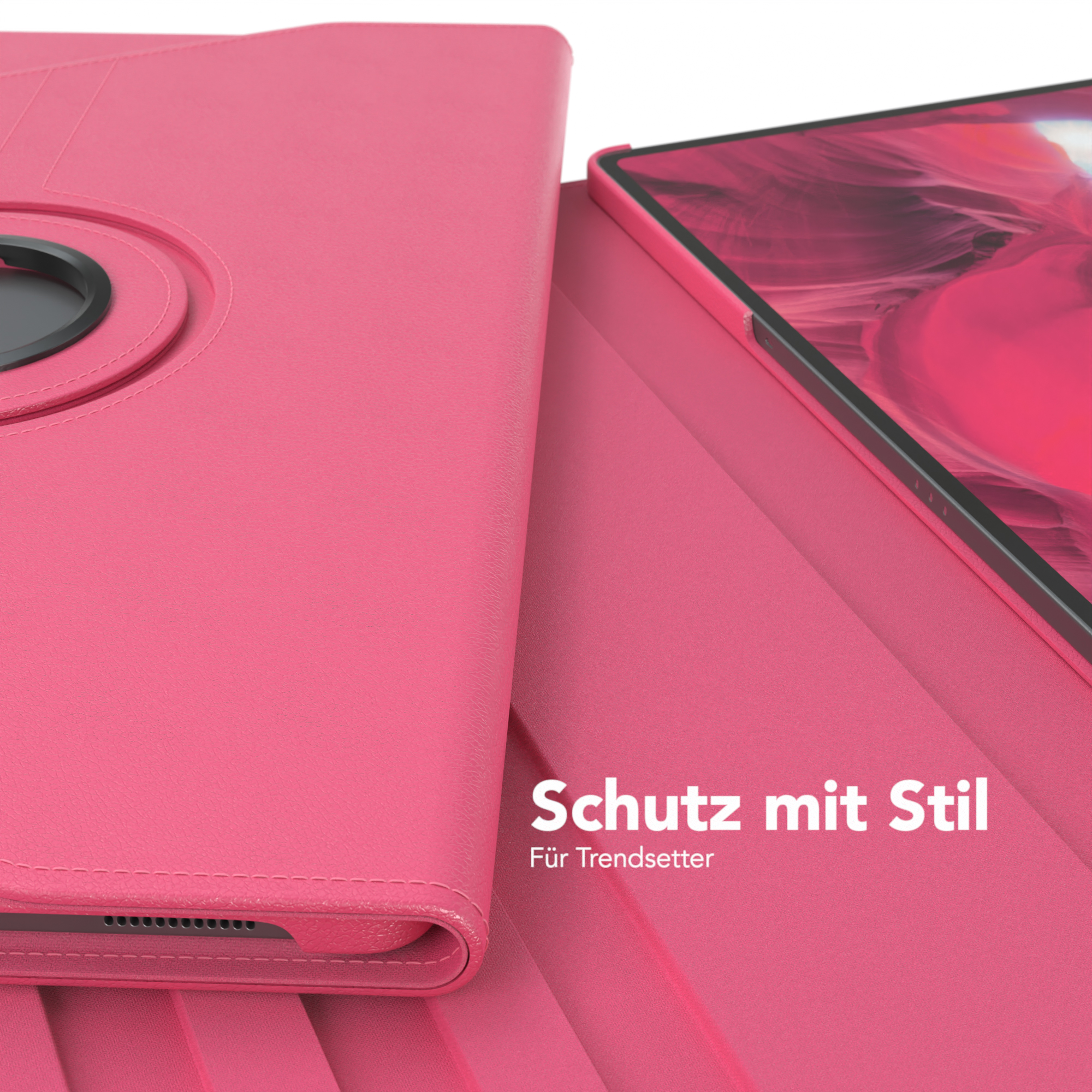 Rosa Tablet-Hülle, offen, mit Tablet darin und Text auf Deutsch.