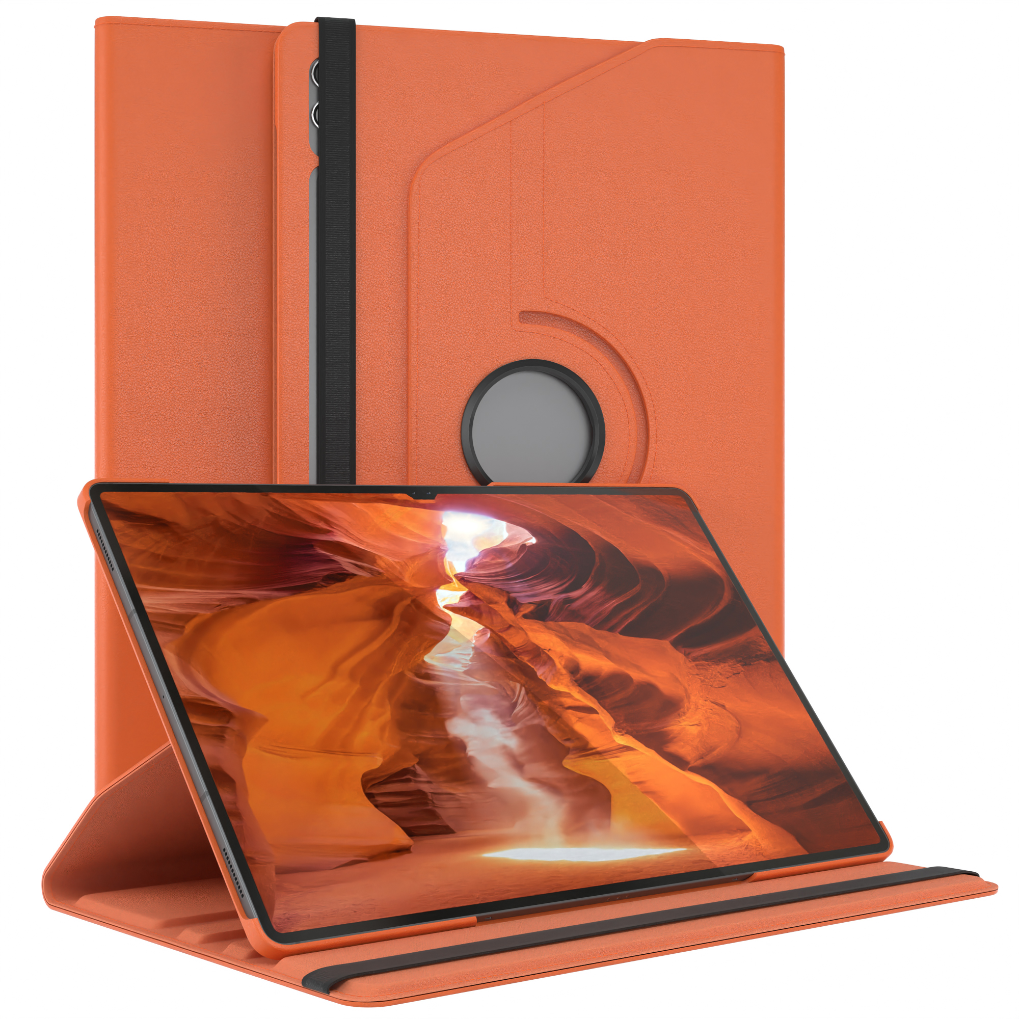 Orangefarbenes Tablet in einer orangefarbenen Hülle mit Canyon-Ansicht. Weißer Hintergrund.