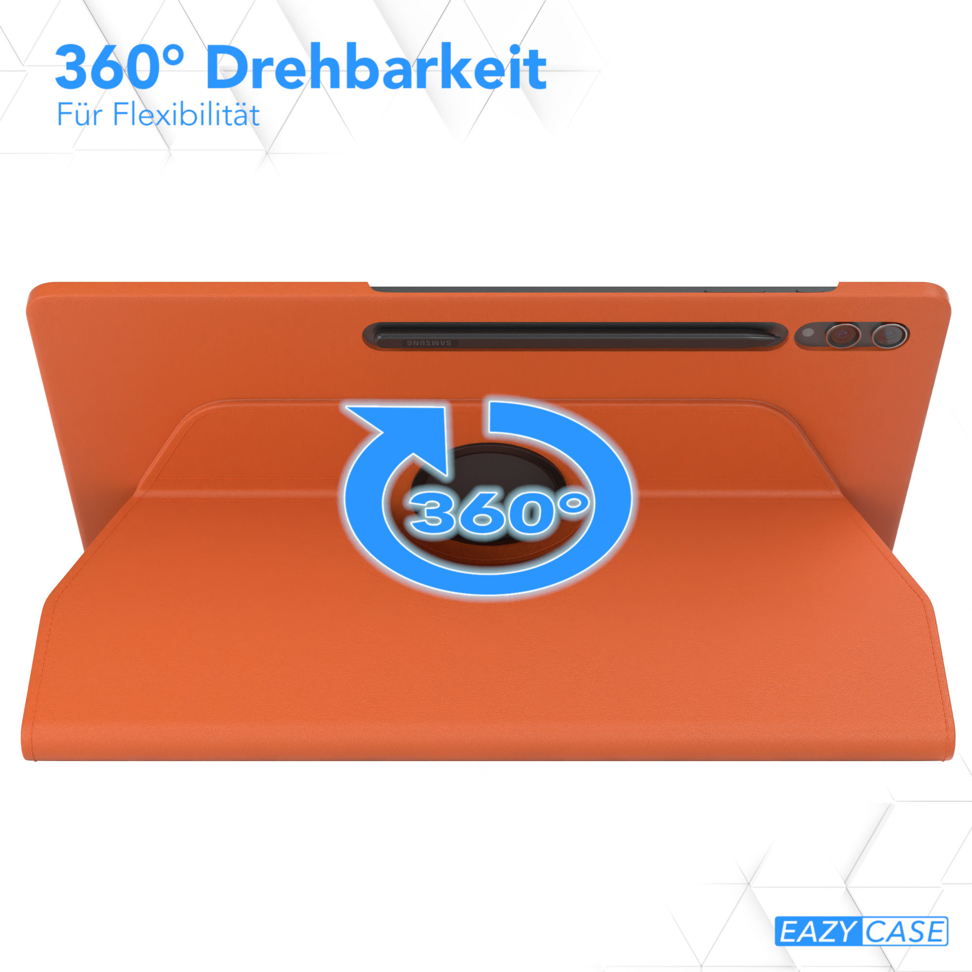 Orangefarbene Tablethülle mit 360-Grad-Rotationsfunktion. Das Tablet befindet sich in der Hülle.