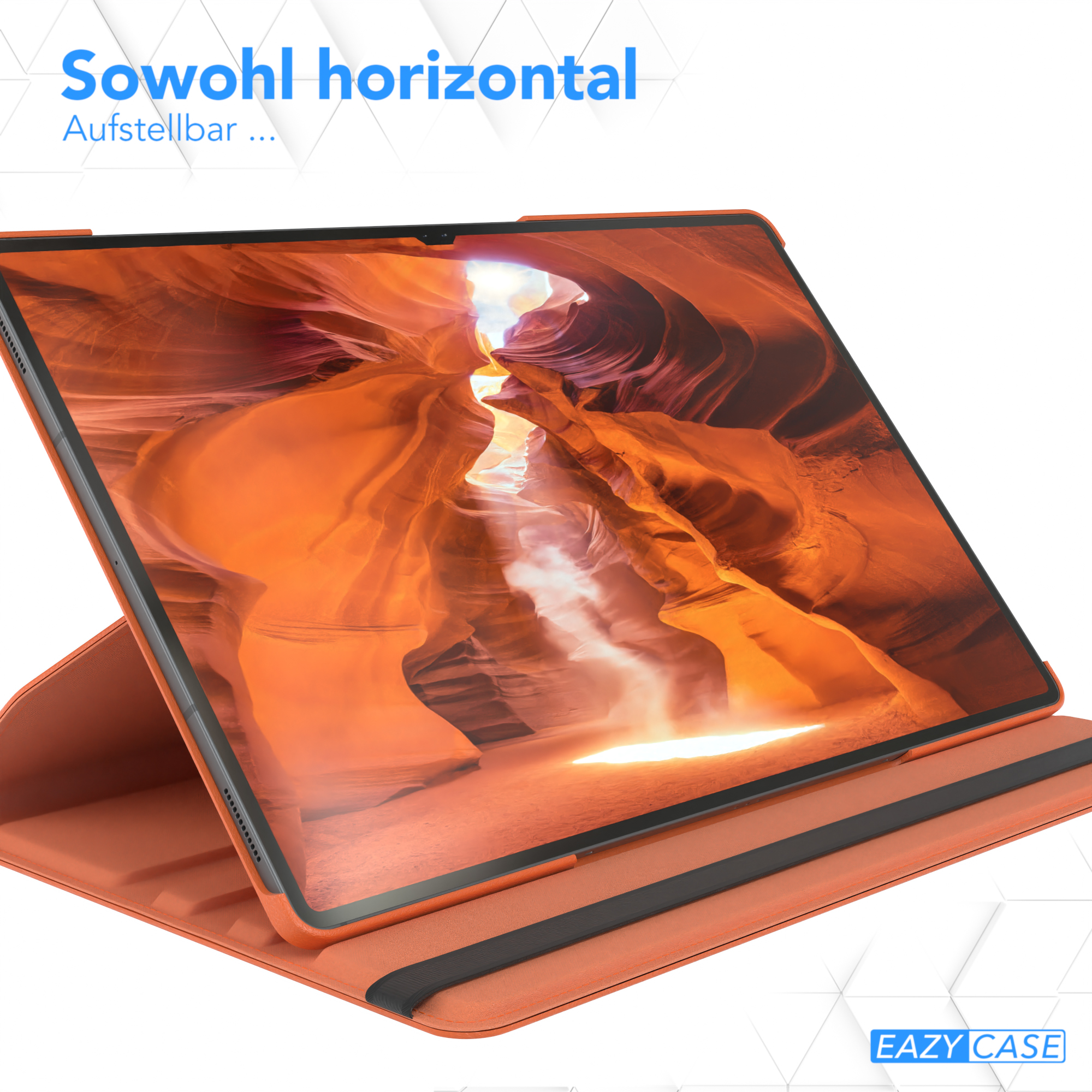 Tablet in orangefarbener Hülle, Landschaftsbild des Canyons. Text: horizontal.