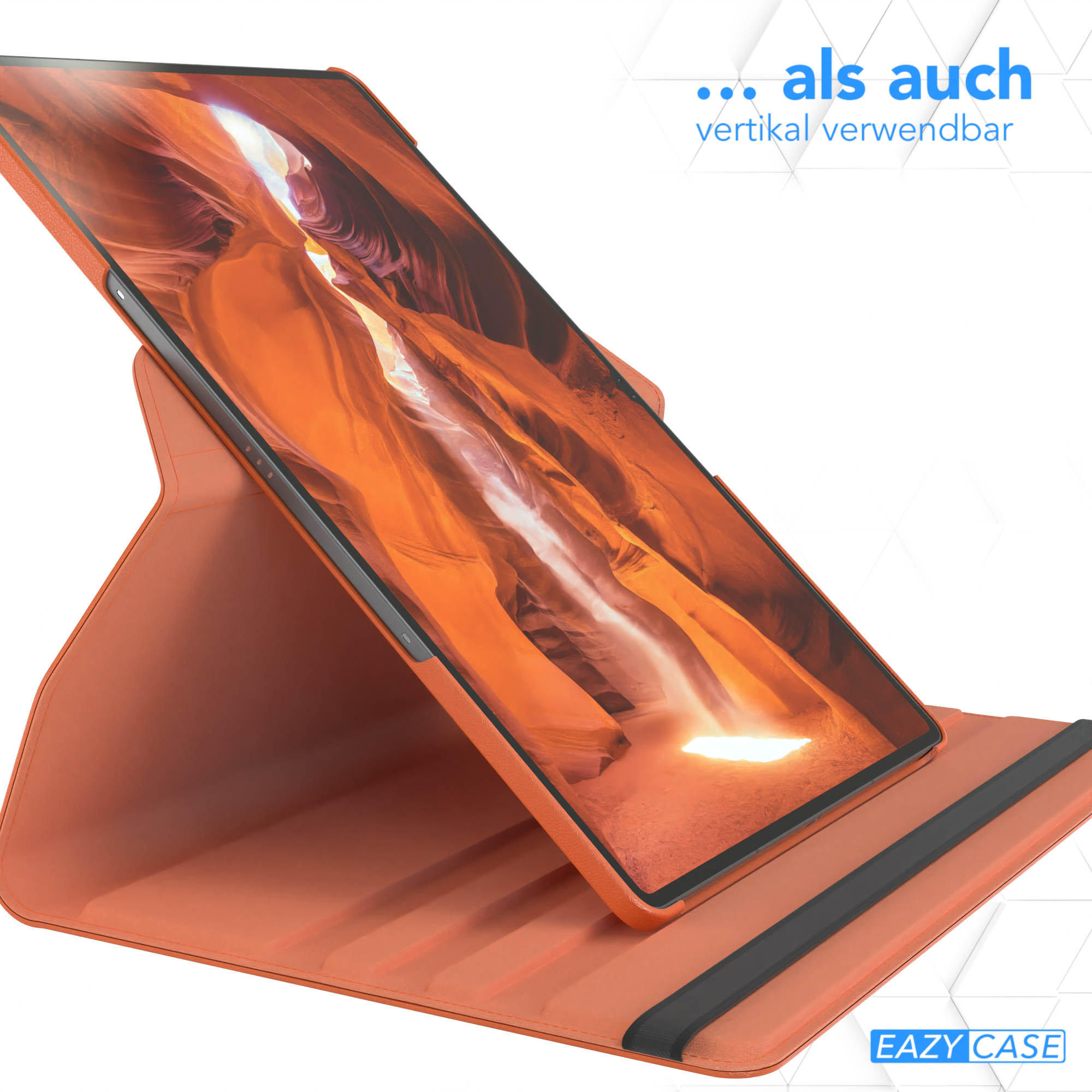 Tablet in einer orangefarbenen Hülle, aufrecht stehend. Der Bildschirm zeigt eine Schluchtszene.