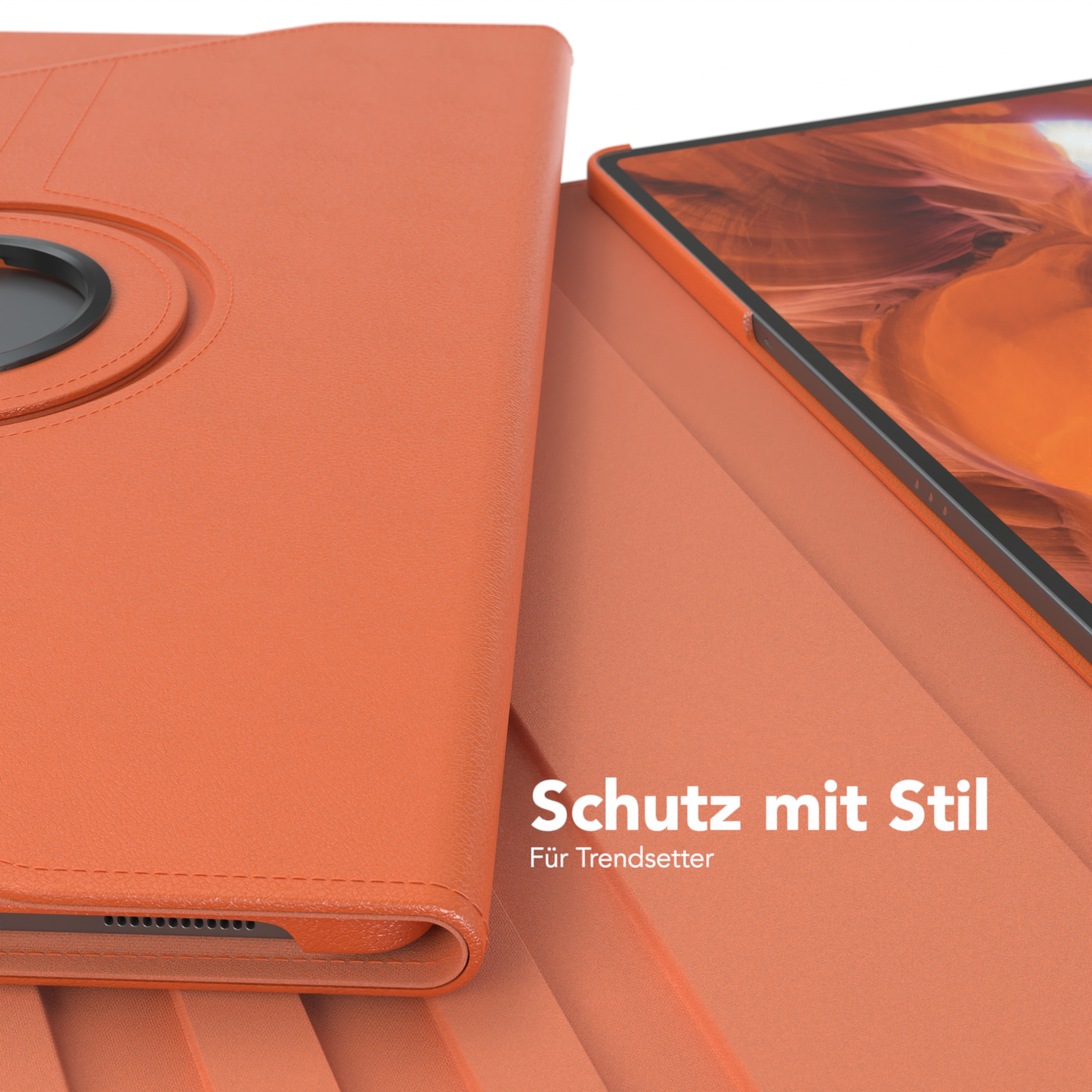 Eine orangefarbene Tablethülle, geöffnet, um ein Tablet zu zeigen. Die Hülle liegt auf einer orangefarbenen Oberfläche.