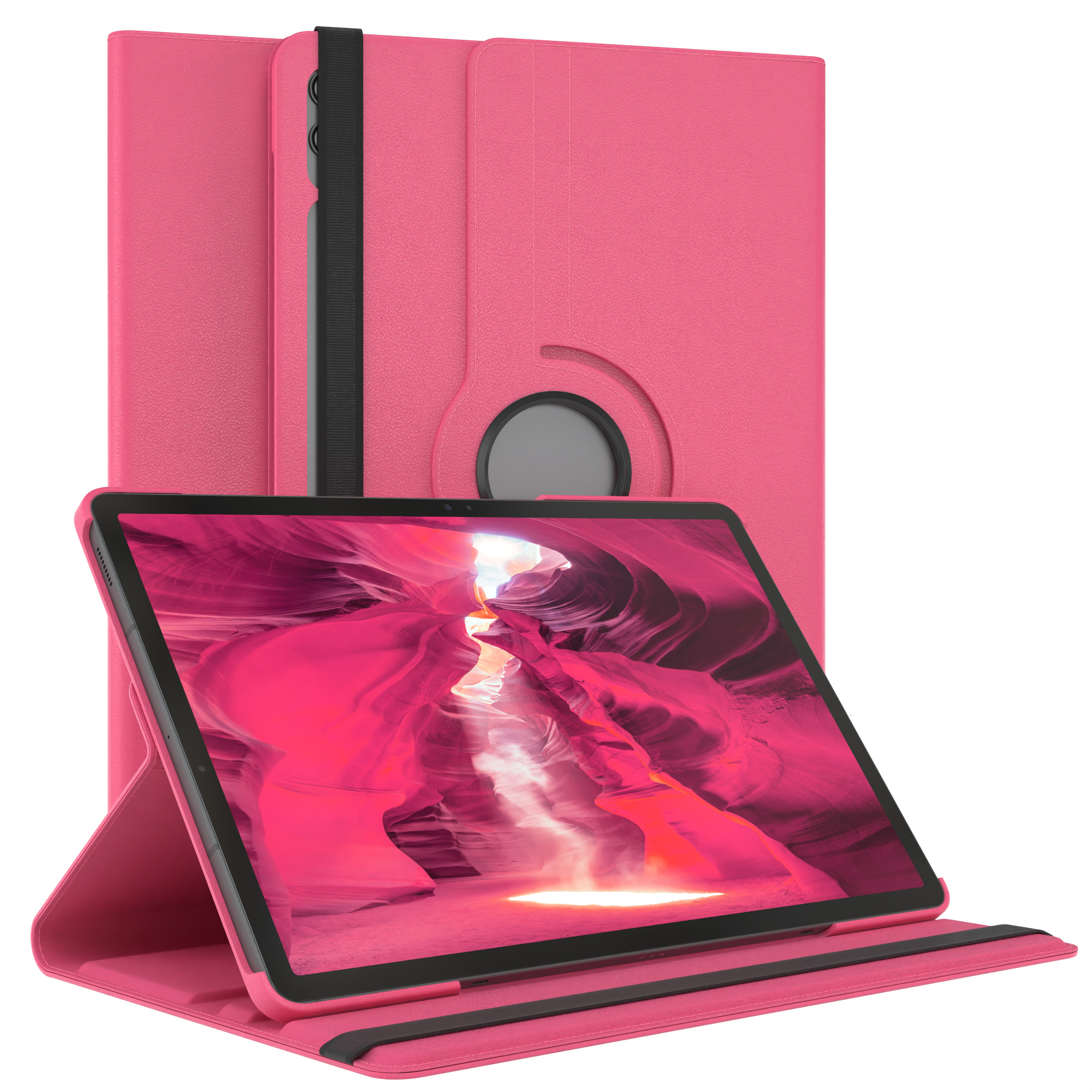 Rosafarbene Tablethülle mit Tablet. Hülle hat eine Abdeckung, die das Tablet aufstellt.