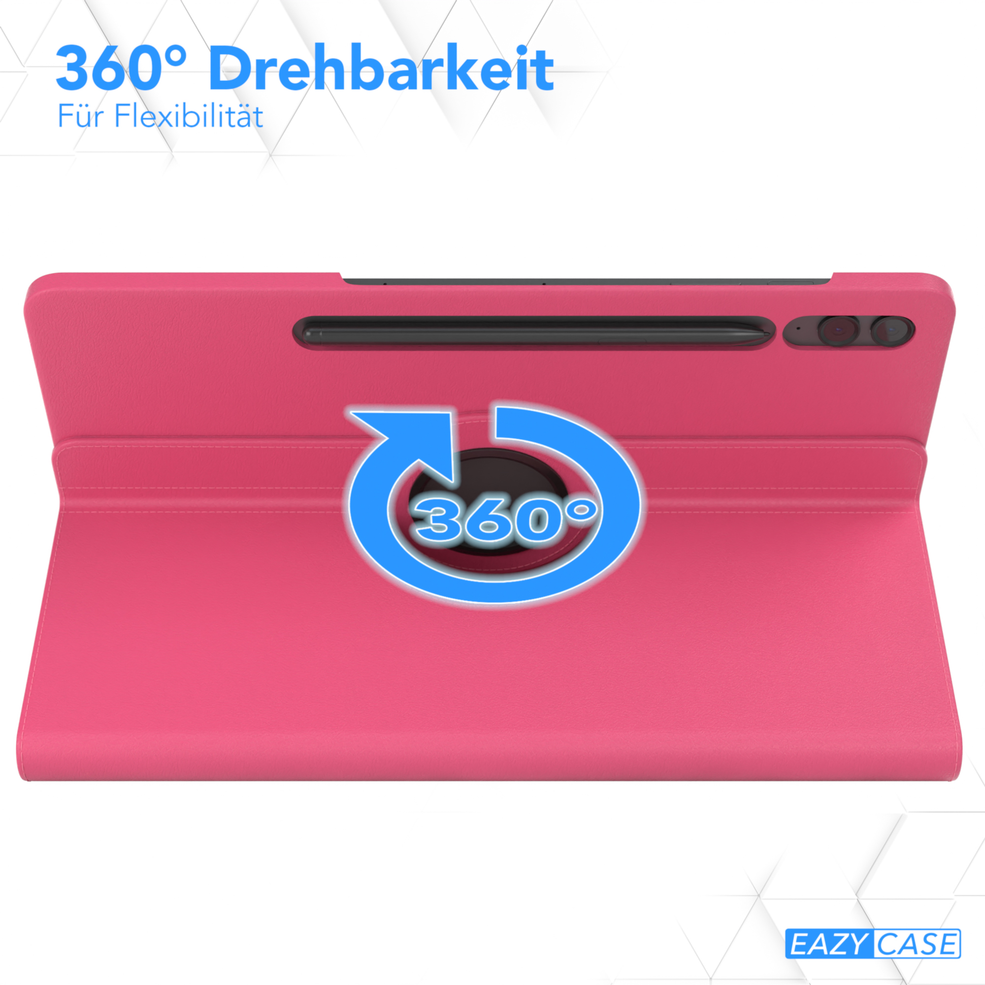 Rosa Tablethülle mit Drehfunktion, blaue Pfeilgrafik.