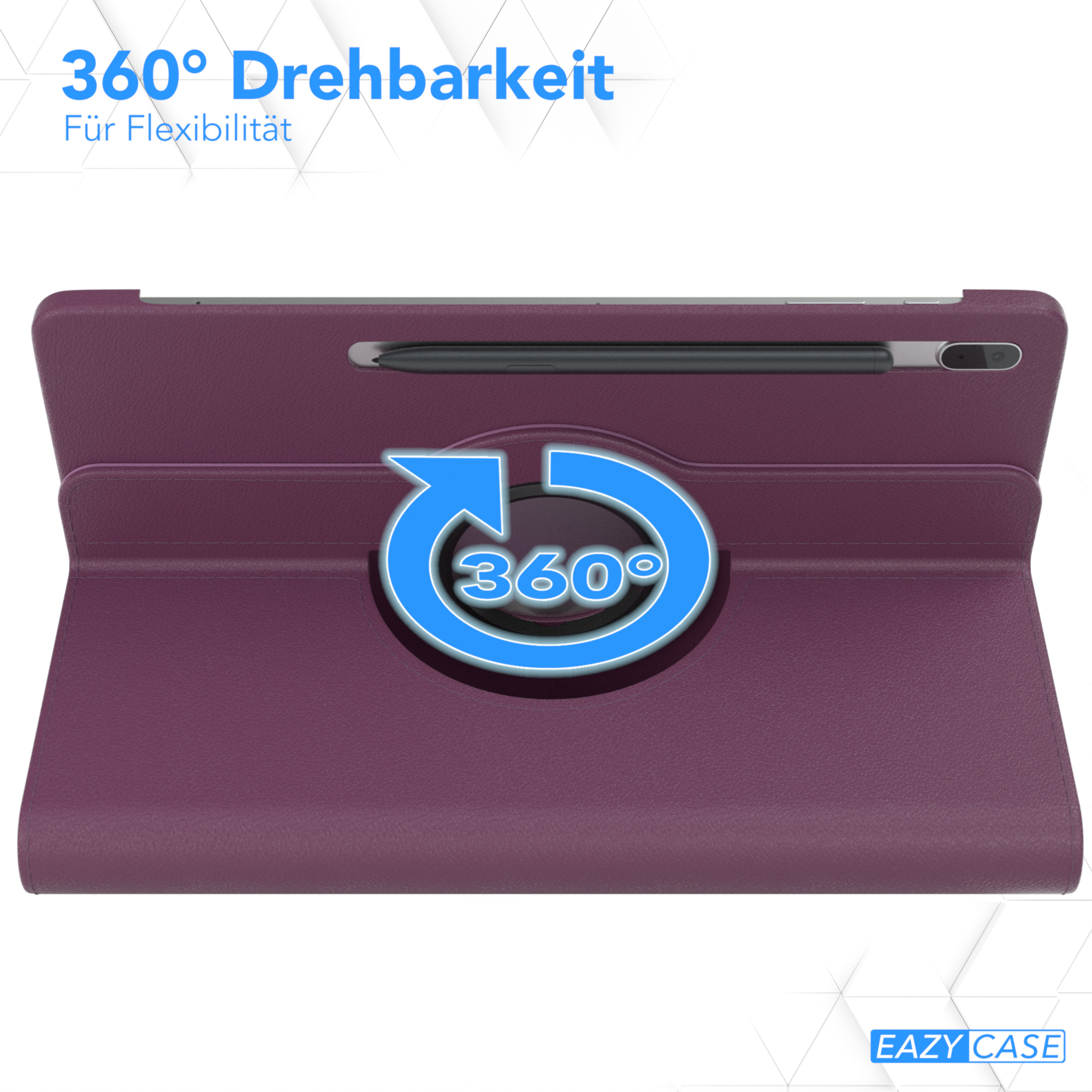 Lila Tablethülle mit 360-Grad-Drehung, mit dem Text '360° Drehbarkeit'.