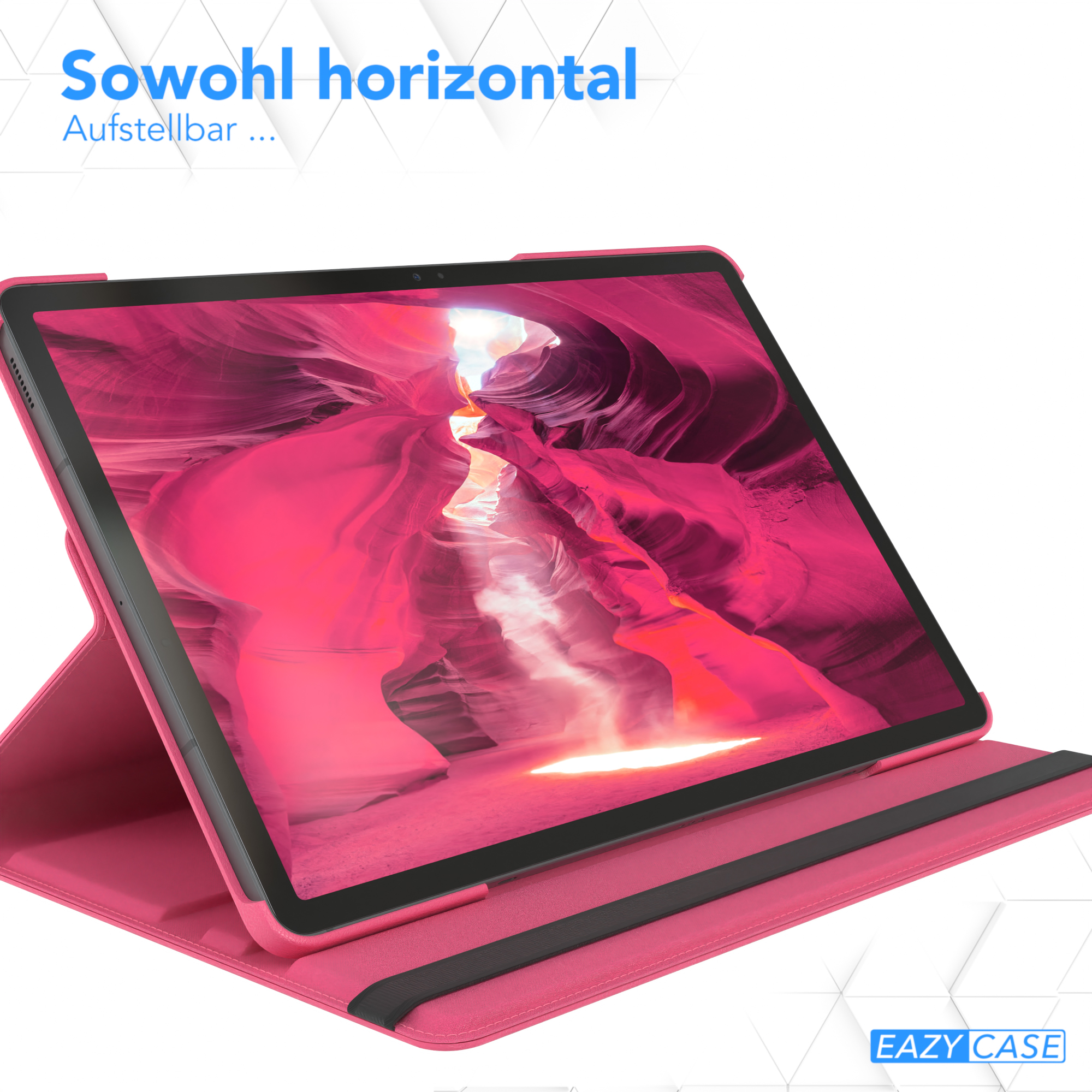 Geöffnete rosa Tablethülle, die ein rotes Hintergrundbild zeigt. Text: 'Sowohl horizontal'.