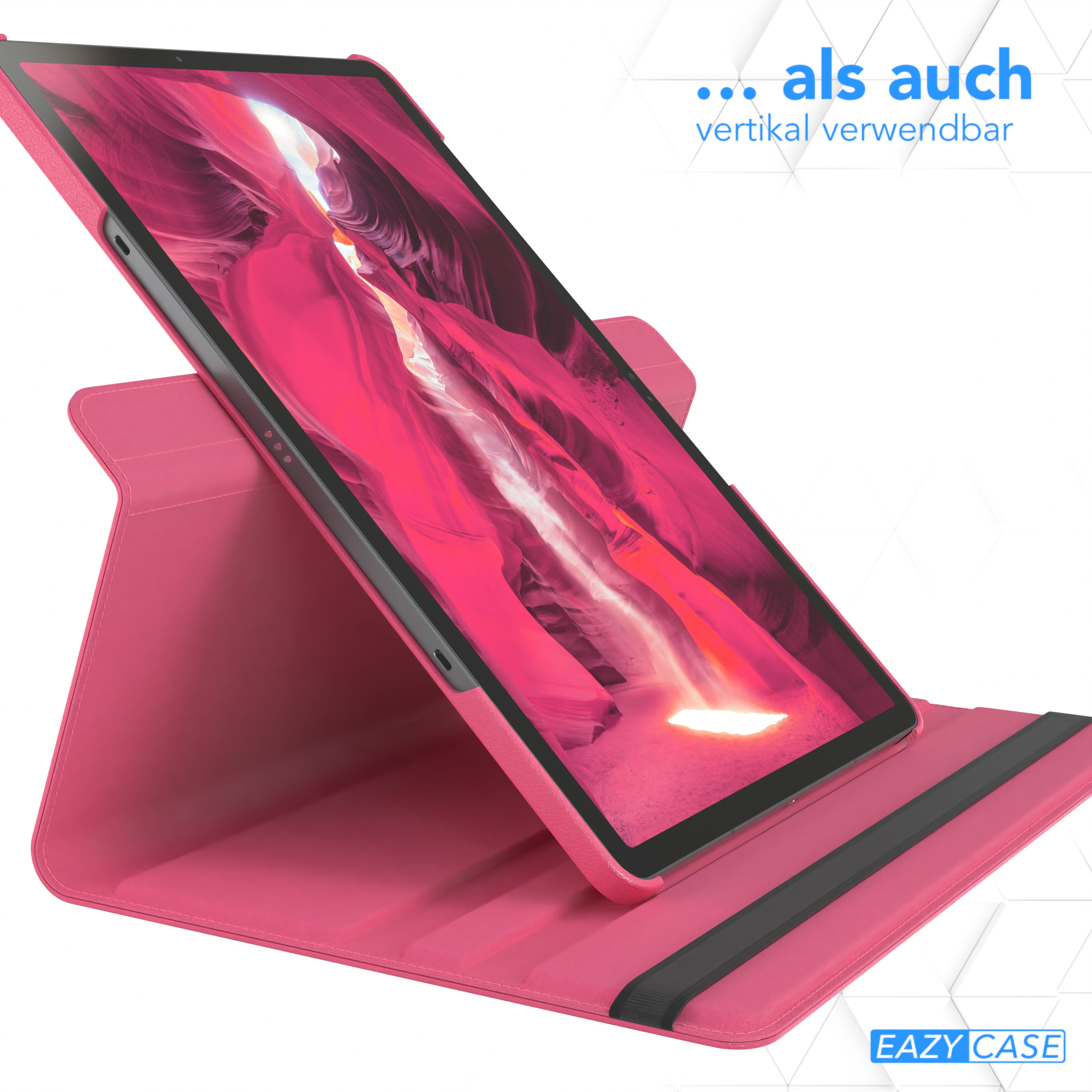 Ein Tablet in einem pinkfarbenen Gehäuse, hochgestellt. Text: 'als auch vertikal verwendbar'.