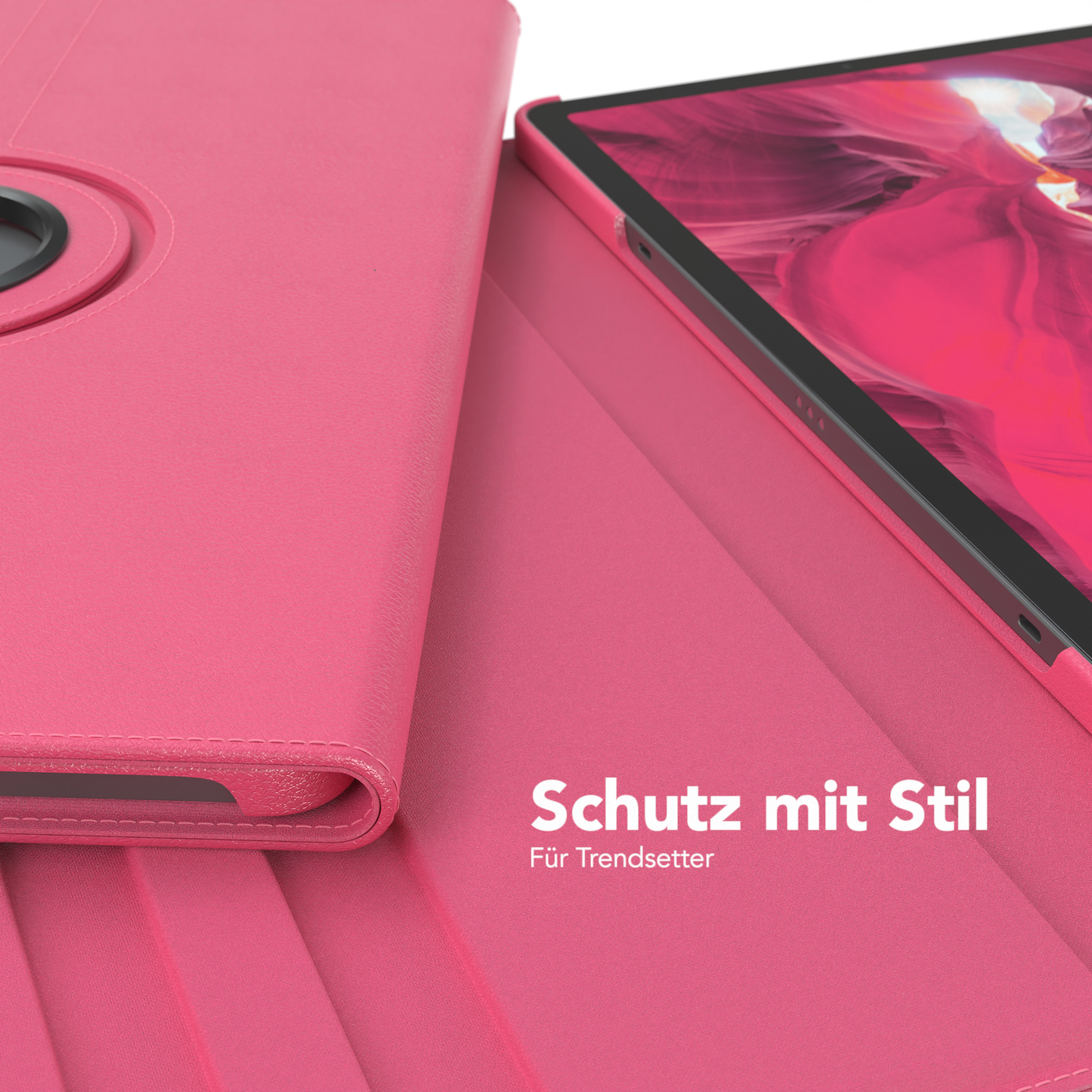 Rosa Tablethülle, offen. Zeigt das Innere und den Rand des Tablets. Text 'Schutz mit Stil'.