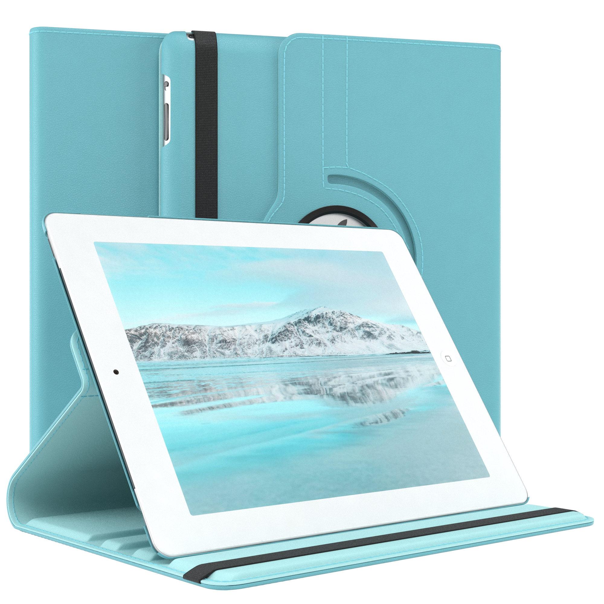 Blaues Tablet in einer Hülle, Querformat, und ein weißer Hintergrund. Die Hülle ist geöffnet, Bildschirm sichtbar.