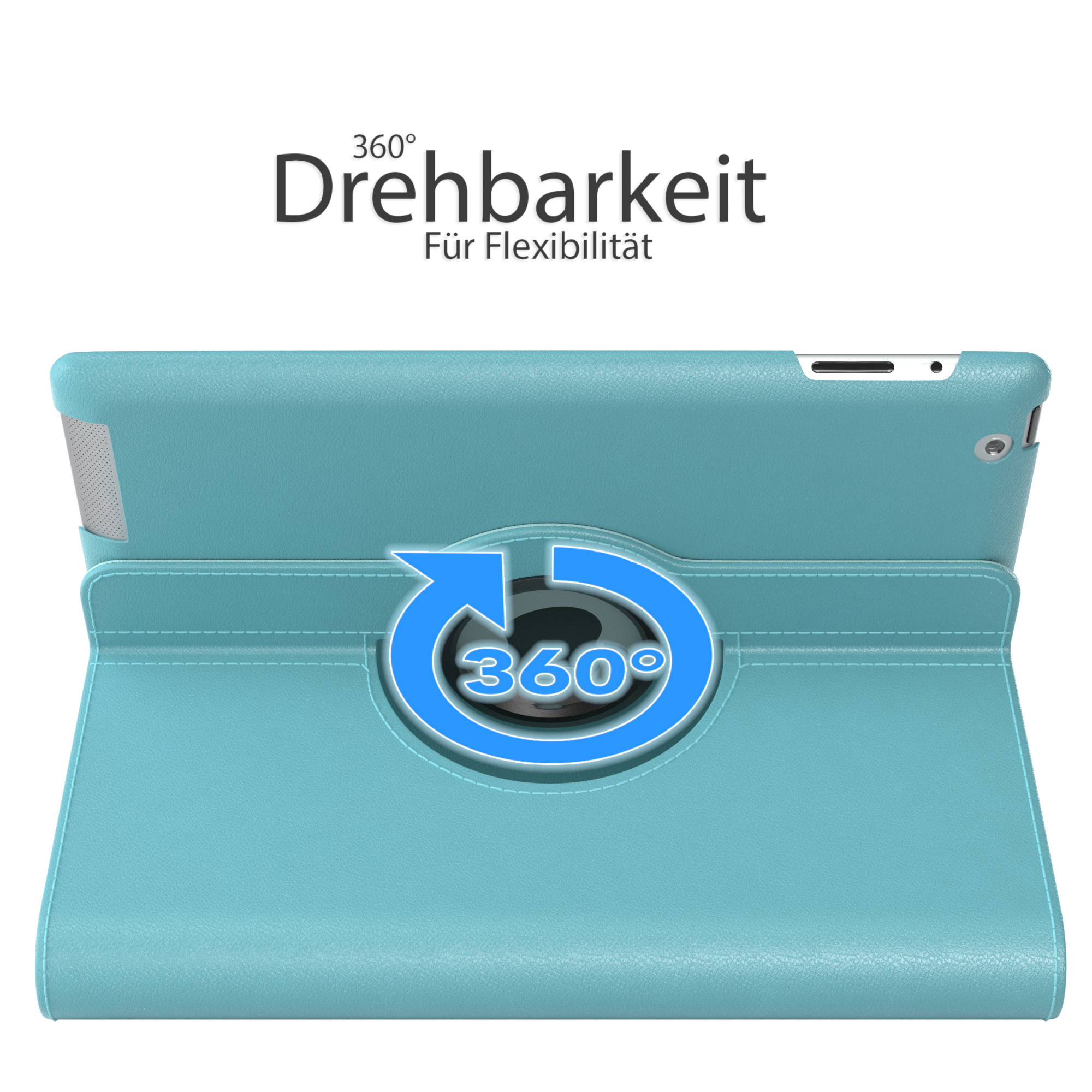 Blaue Tablethülle mit 360°-Drehfunktion und Text: "360° Drehbarkeit Für Flexibilität".