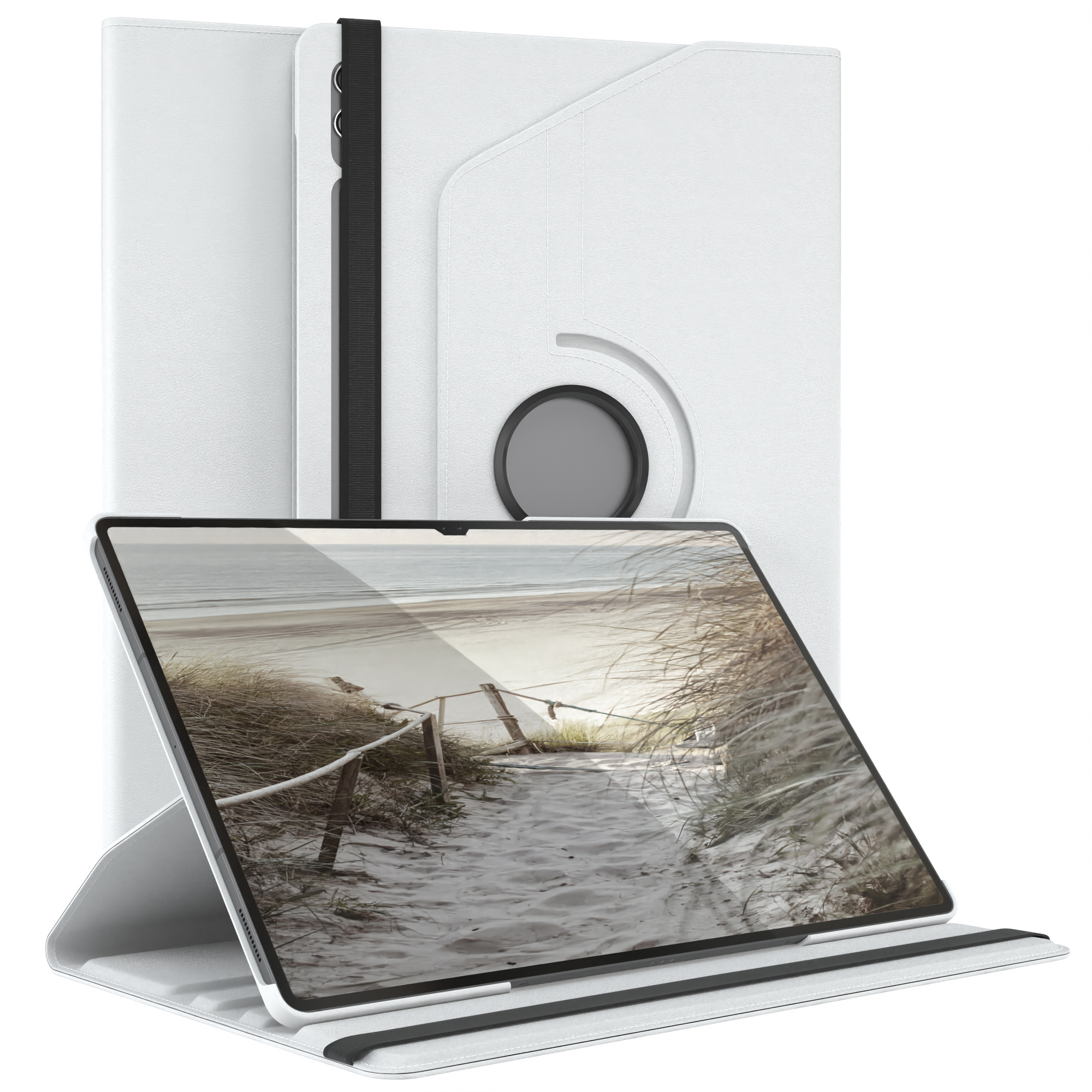 Weißes Tablet-Case mit Strandbild auf dem Tablet-Bildschirm und Stifthalter.