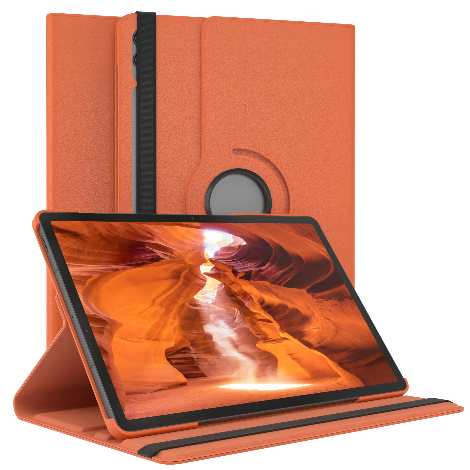 Orangene Tablethülle mit Tablet. Hülle hat eine Abdeckung, die das Tablet aufstellt.
