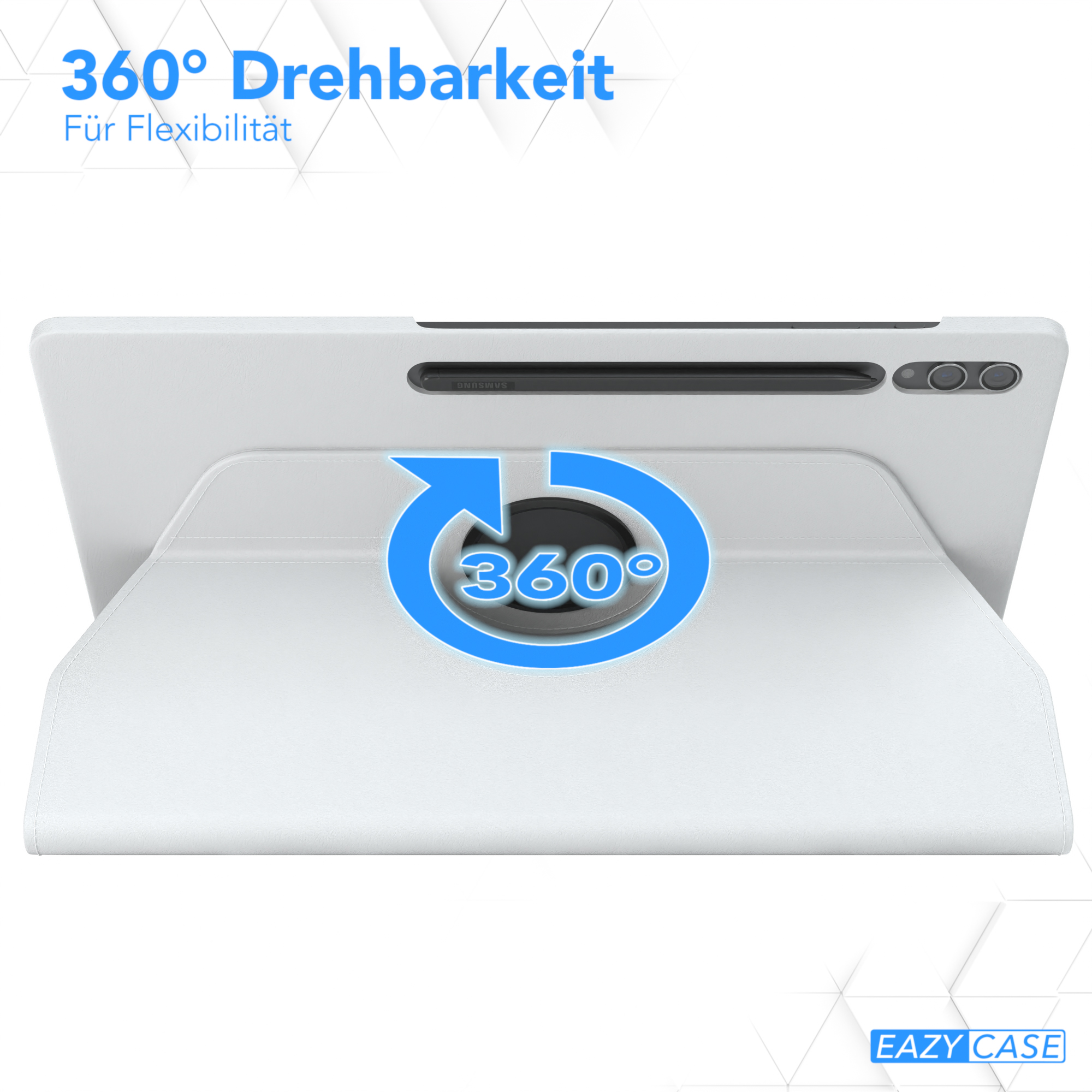 Weiße Tablethülle mit 360-Grad-Drehsymbol. Text: 360° Drehbarkeit Für Flexibilität.