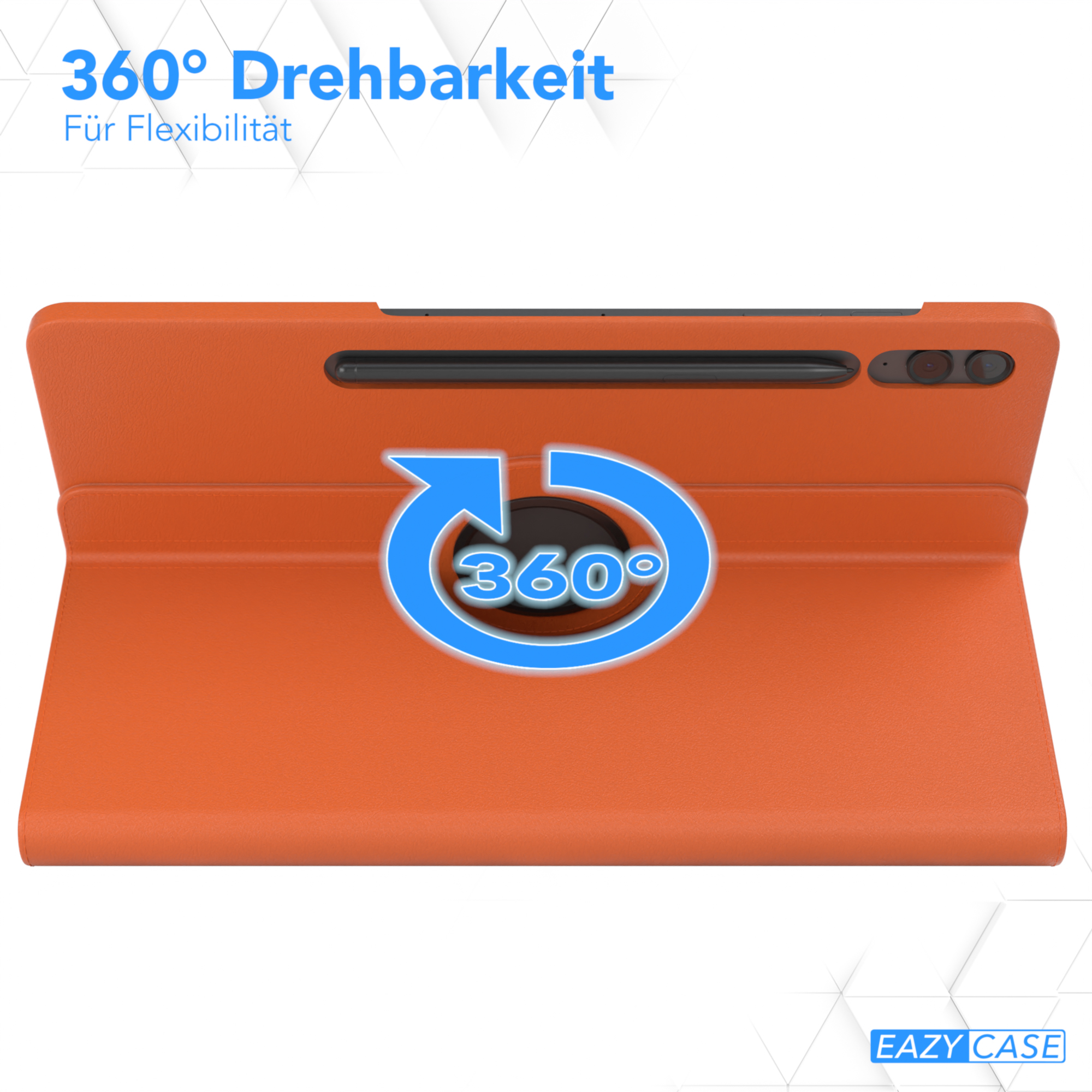 Orangene Tablethülle mit 360-Grad-Drehung. Text: '360° Drehbarkeit' und 'EAZY CASE'.