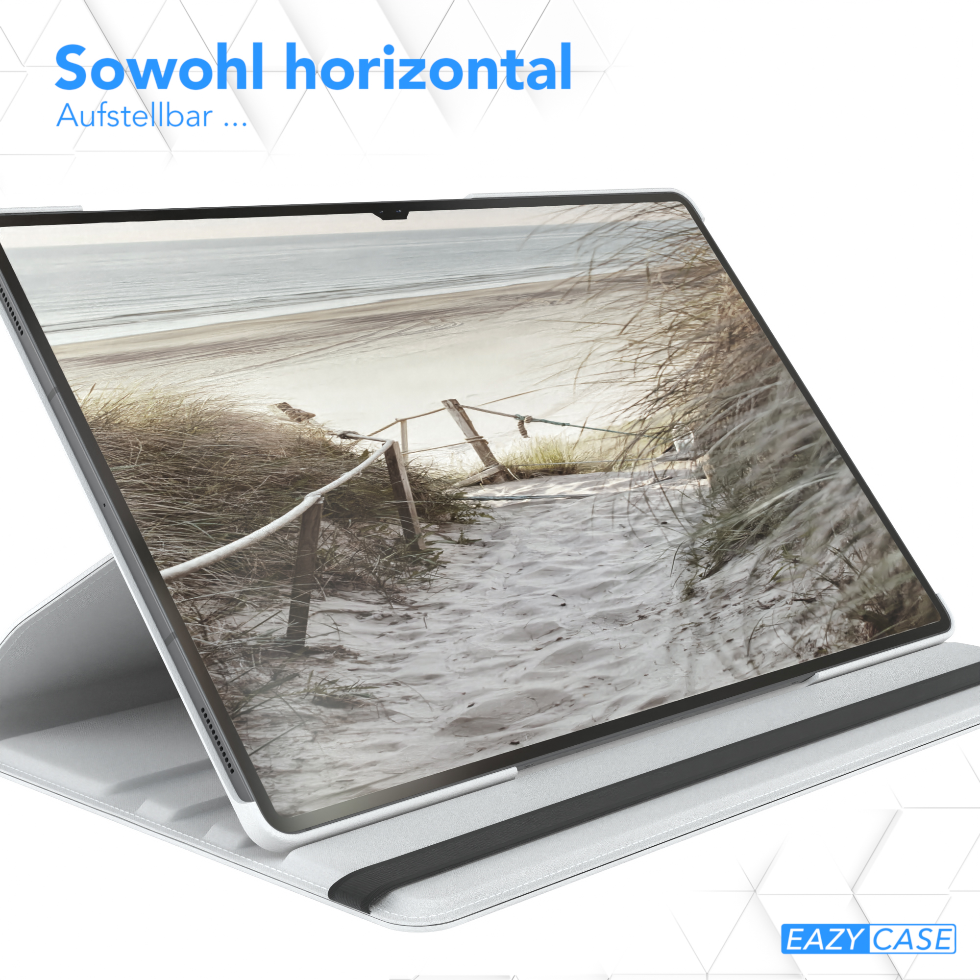 Tablet in einer Hülle am Strand. Der Bildschirm zeigt eine Strandszene. Text: 'Sowohl horizontal'.