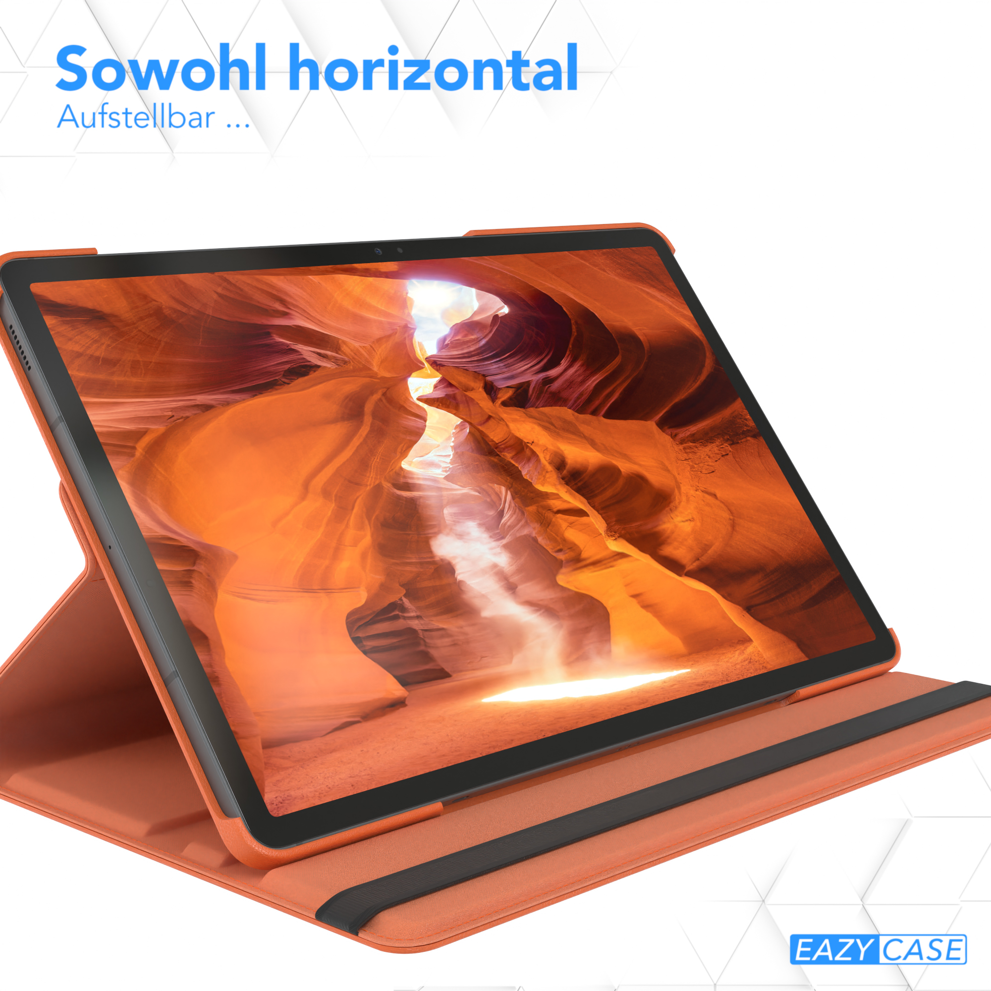 Tablet in einer orangefarbenen Hülle. Text oben 'Sowohl horizontal' und Logo 'EAZY CASE' unten.