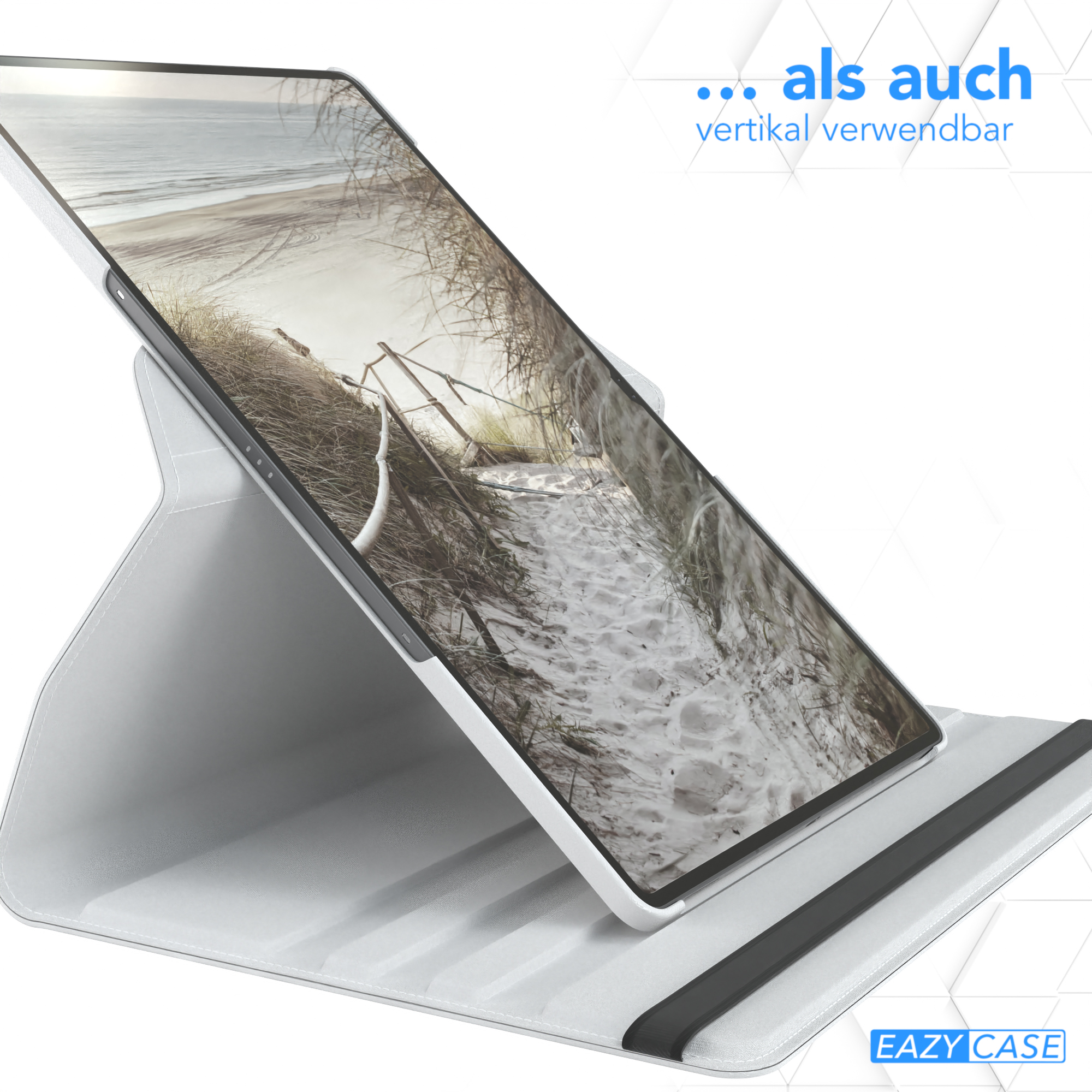 Tablet in weißem Gehäuse, hochgestellt. Strandansicht auf dem Bildschirm. Text sagt, auch vertikal verwendbar.