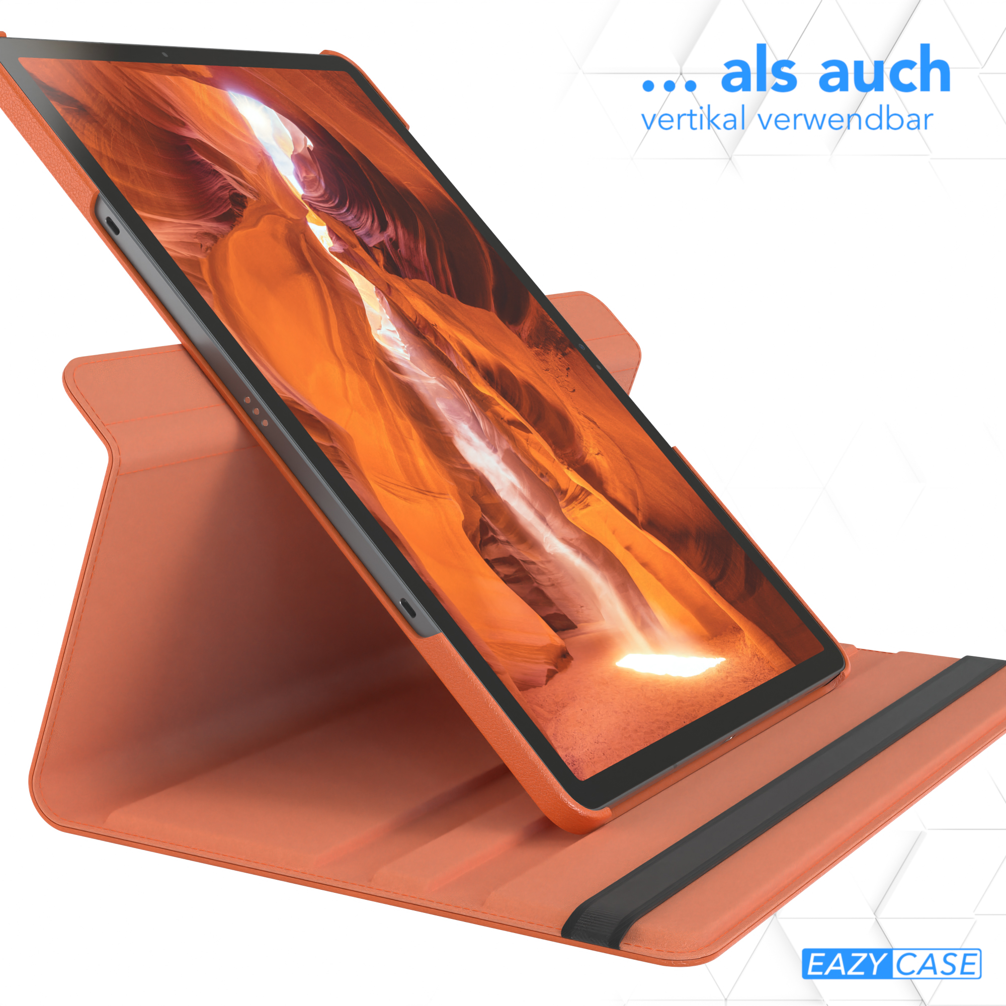 Tablethülle mit Tablet im Inneren, in Orange. Vertikale Ausrichtung.