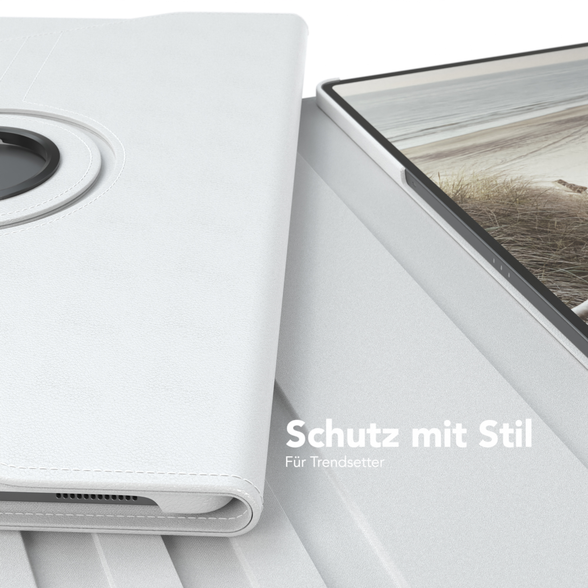 Weiße Tablet-Hülle mit Bildschirm, Text: Schutz mit Stil, auf weißer Oberfläche. Für Trendsetter.