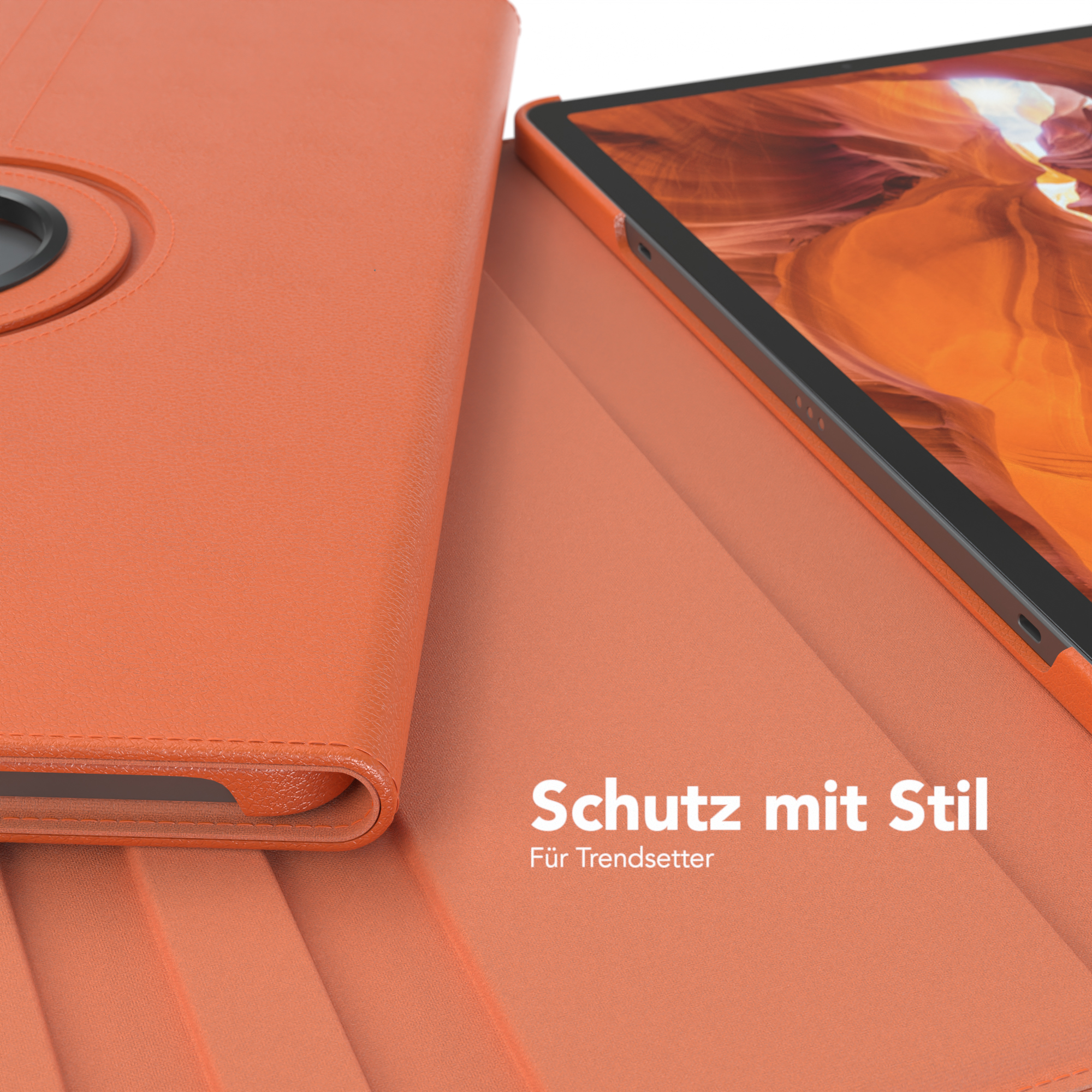 Geöffnete orangefarbene Tablethülle, zeigt ein Bild eines roten Canyons auf dem Tablet-Bildschirm.