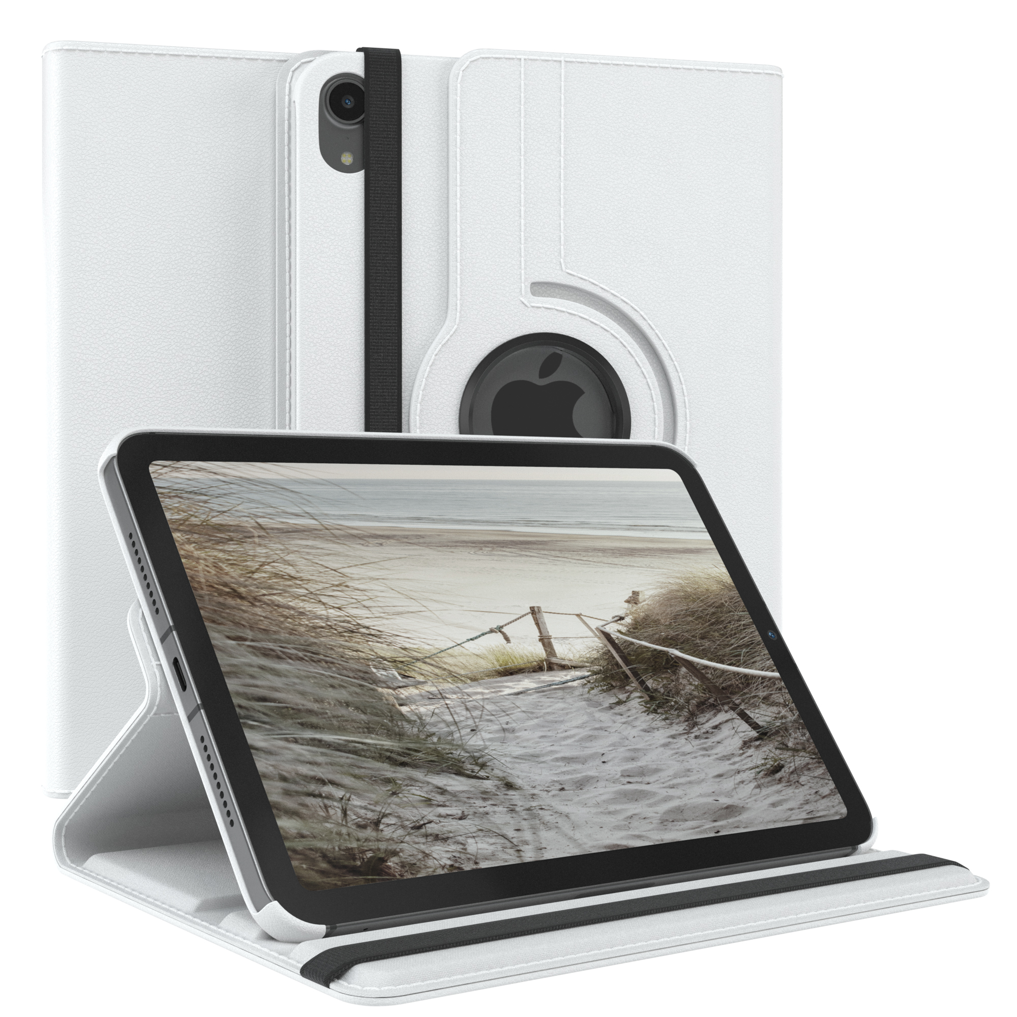 Weißes iPad in Hülle, Bildschirm mit Strand. Hülle ist offen.