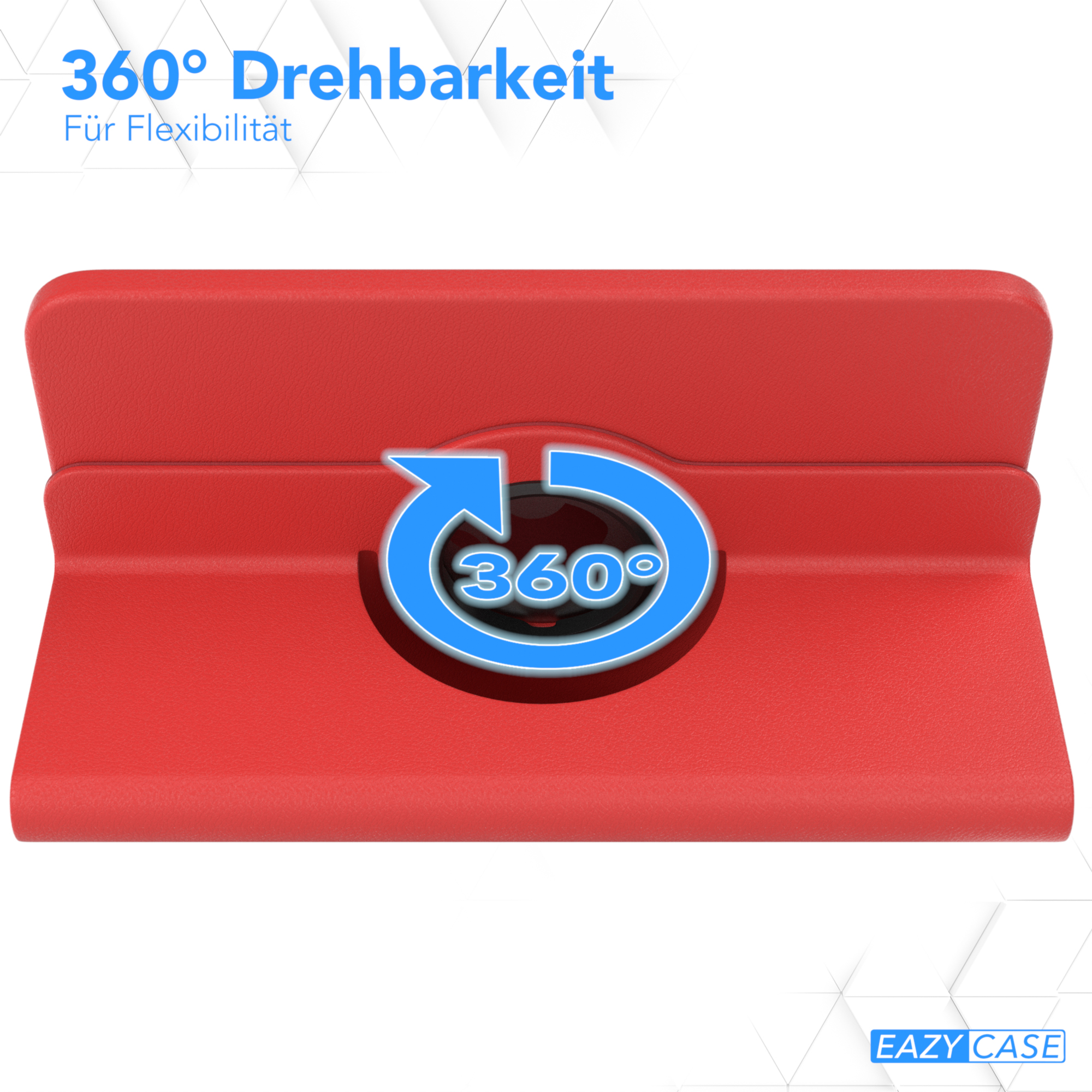Eine rote Tablet-Hülle mit Drehmechanismus. Das Bild zeigt ein 360-Grad-Rotationskonzept.