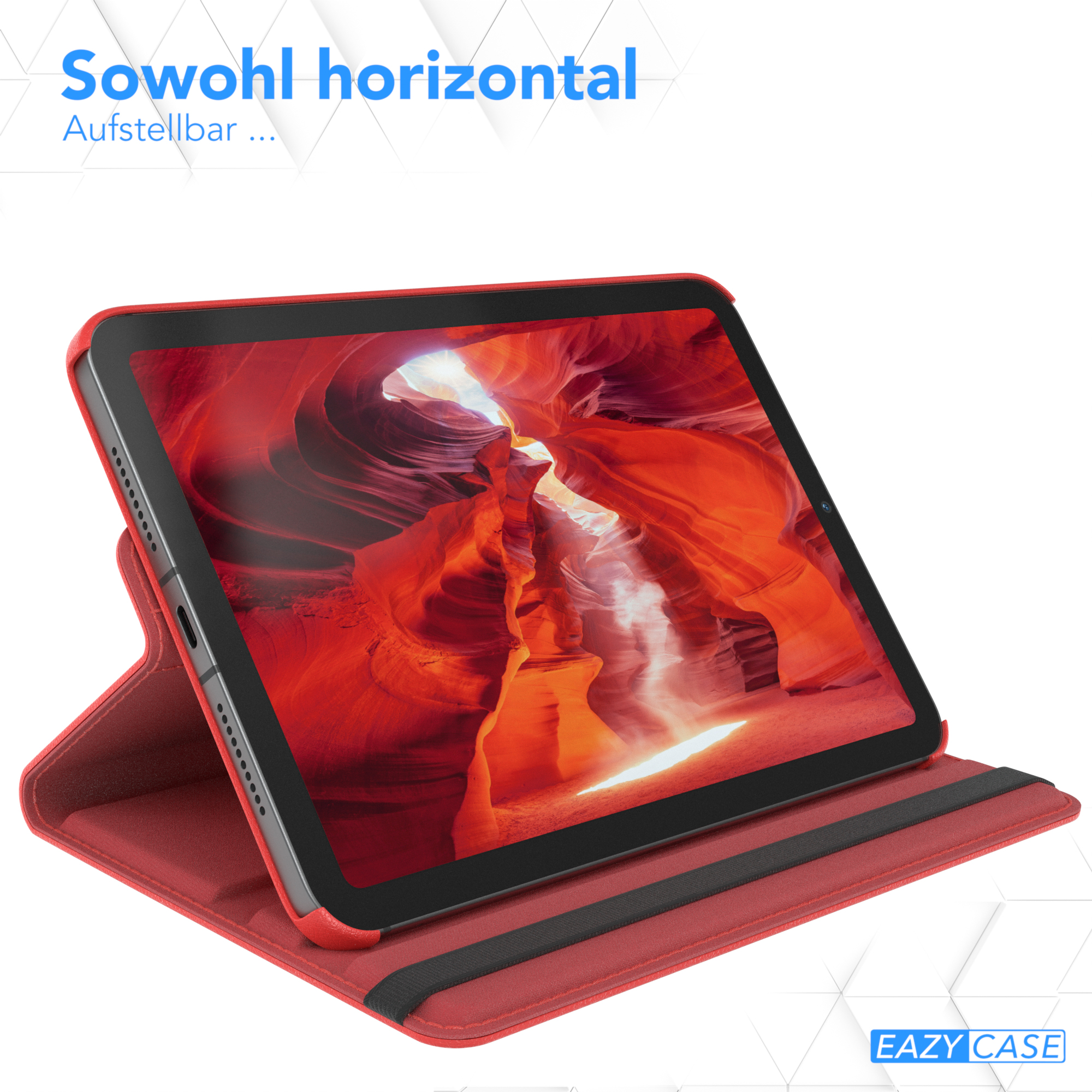 Rote Tablet-Hülle mit rotem Bildschirm, der eine Canyon-Landschaft zeigt. Weißer Hintergrund.
