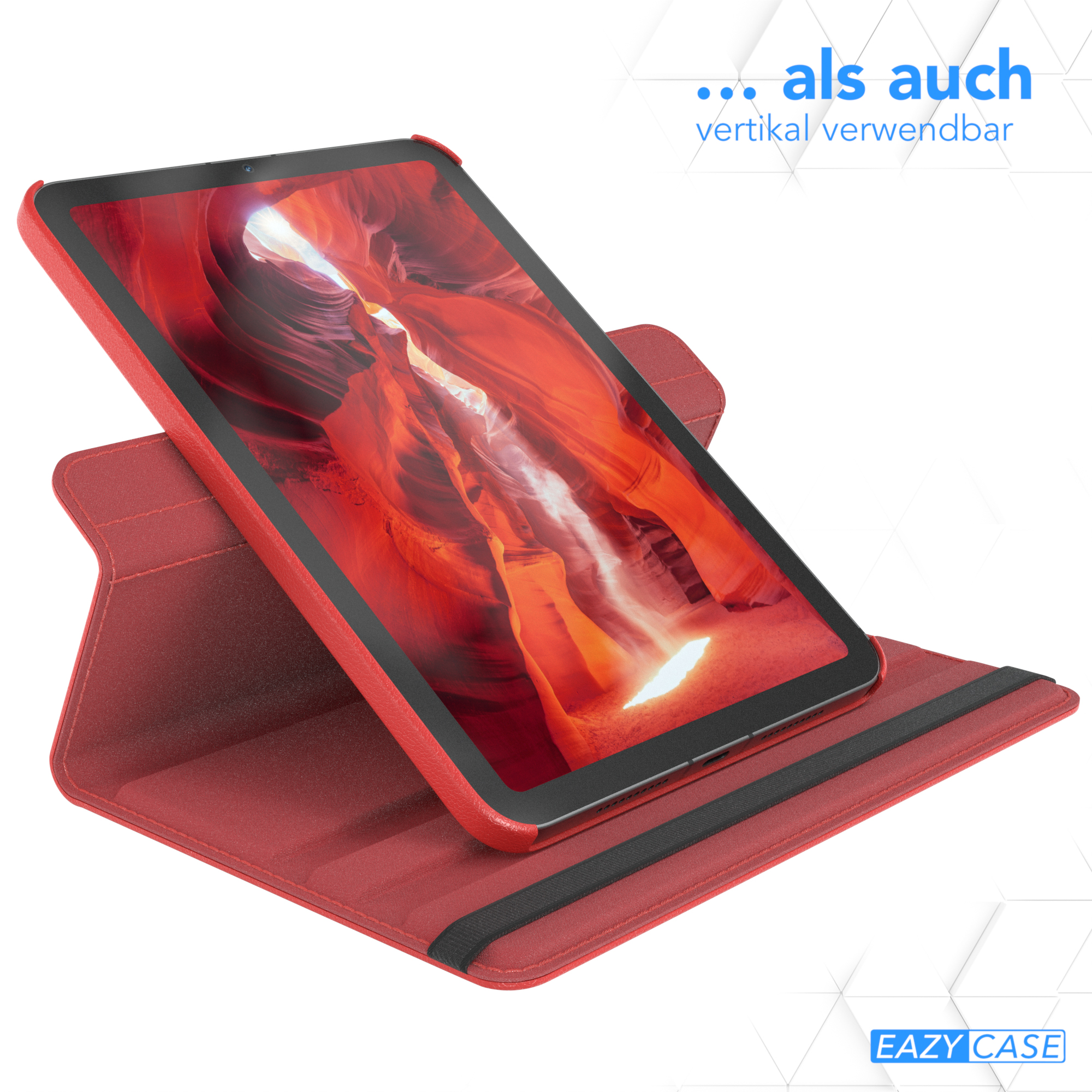 Rote Tablethülle mit Tablet.  Die Hülle ist geöffnet. Der Bildschirm zeigt rote Felsen und eine Canyon-Ansicht.