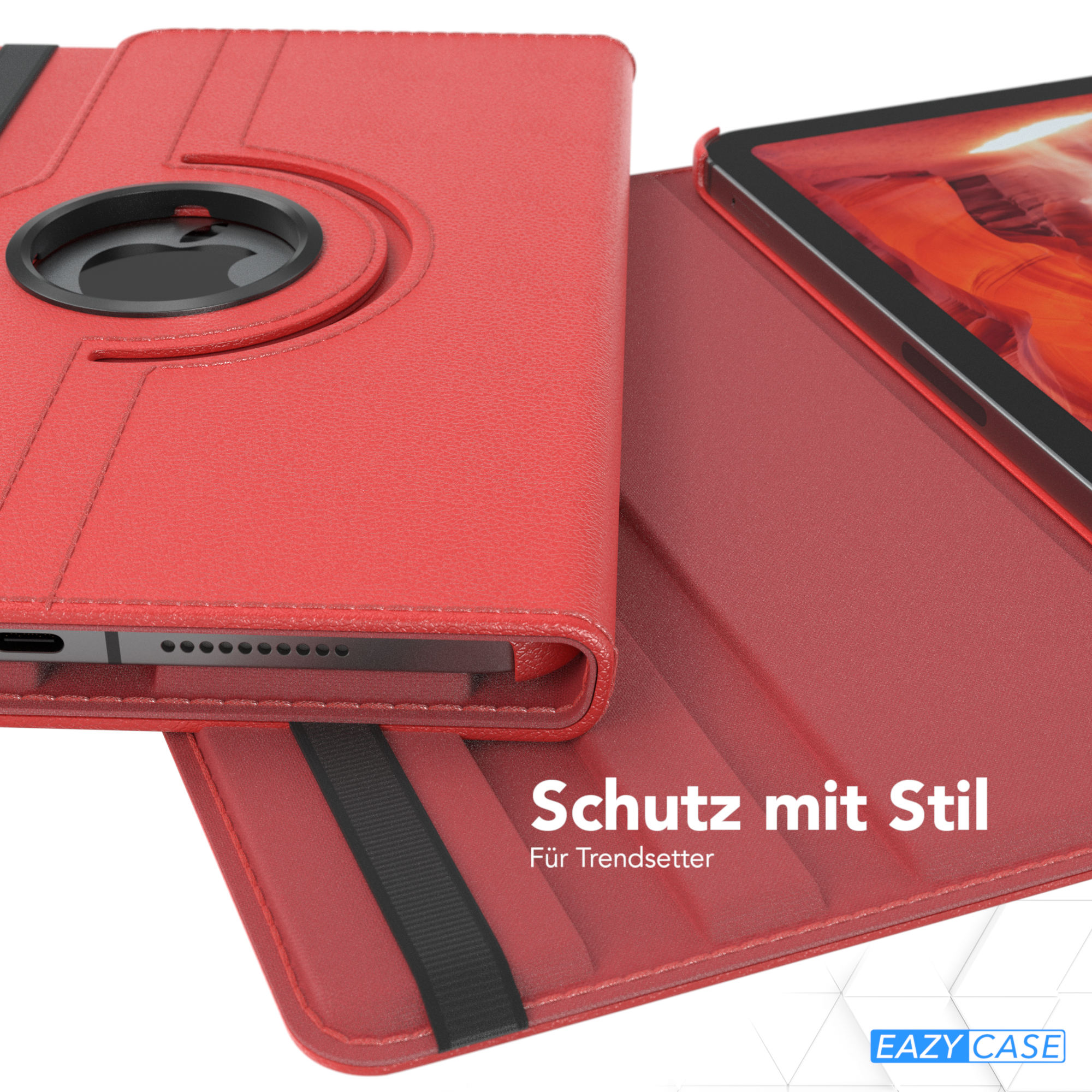 Rote Tablet-Hülle, offen, Tablet teilweise drin. Text „Schutz mit Stil“ sichtbar.
