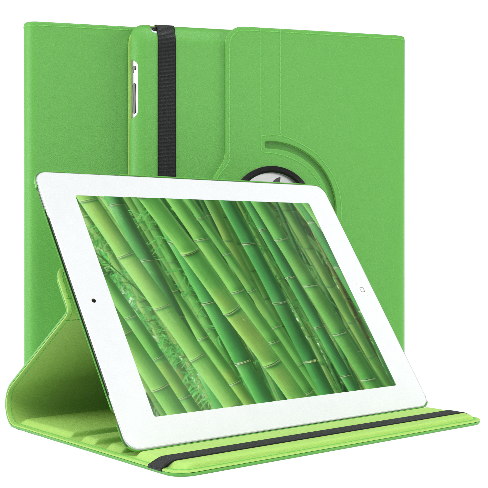 Grüne Tablet-Hülle mit Tablet darin. Der Bildschirm zeigt Bambus. Die Hülle ist aufgeklappt.