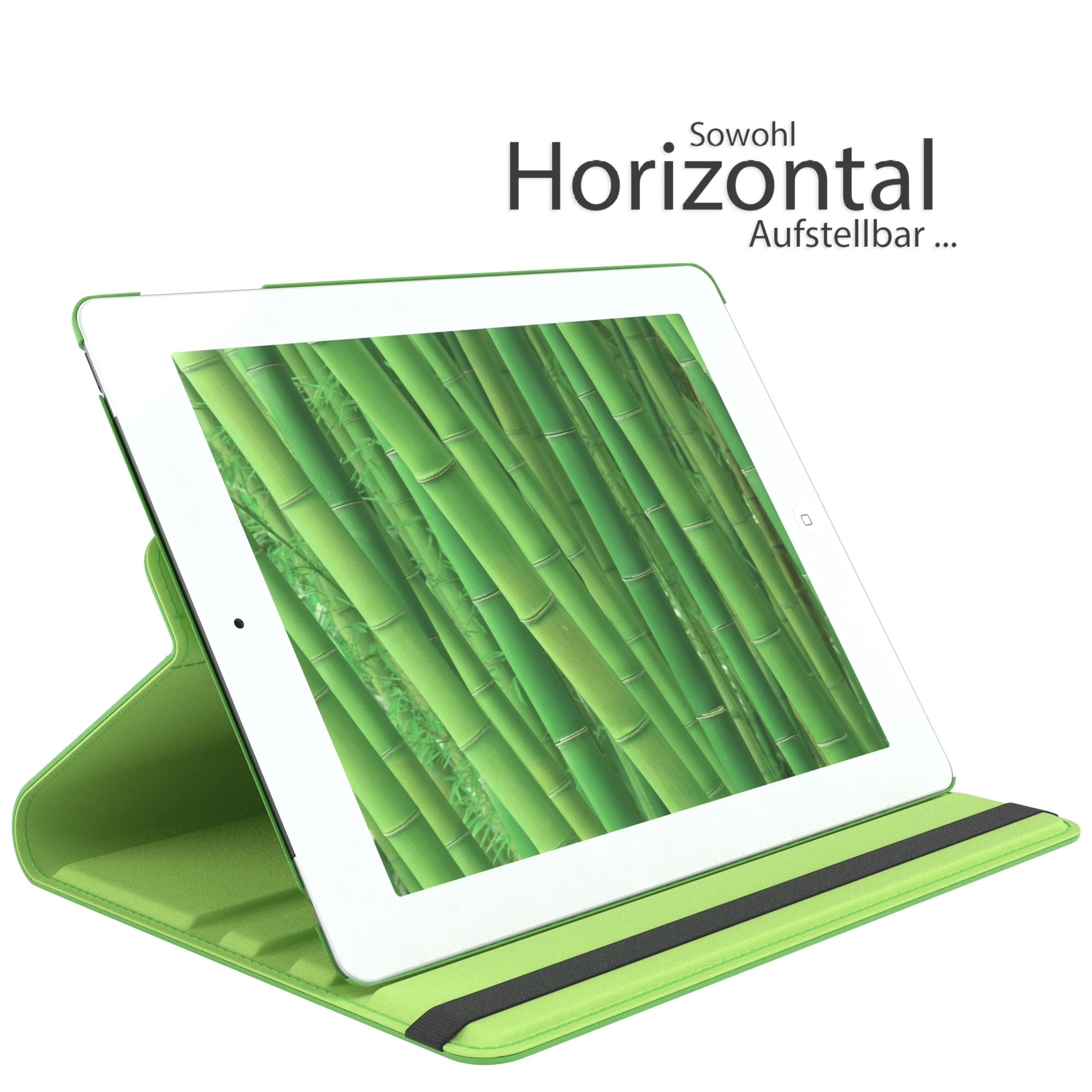Tablet-Hülle mit Bambuswald-Bild, Hülle ist grün mit schwarzem Riemen.