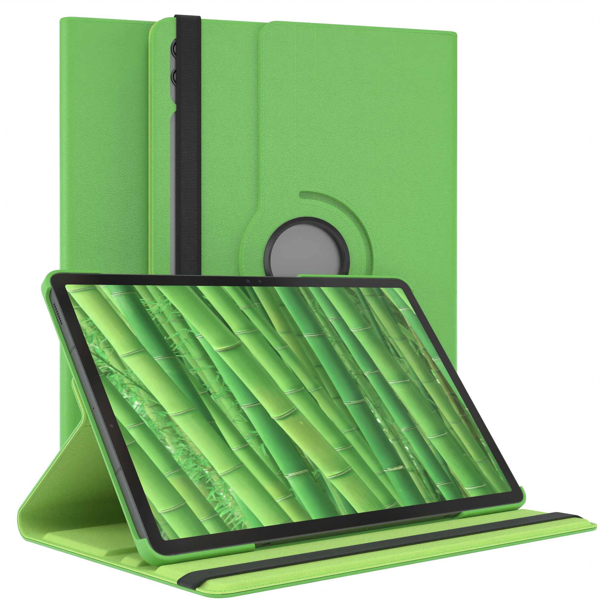 Grüne Tablethülle mit einem Tablet darin. Der Tablet-Bildschirm zeigt Bambus. Die Hülle kann als Ständer dienen.