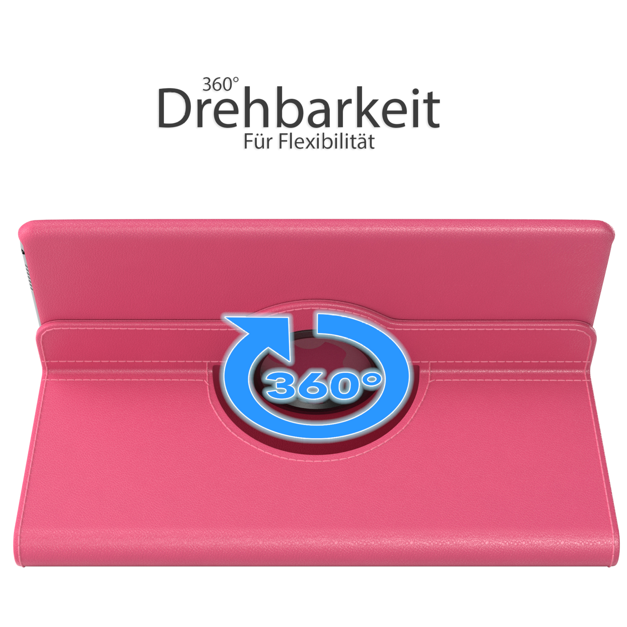 Rosa Tablethülle geöffnet, 360-Grad-Drehungssymbol zeigend. Weißer Hintergrund.