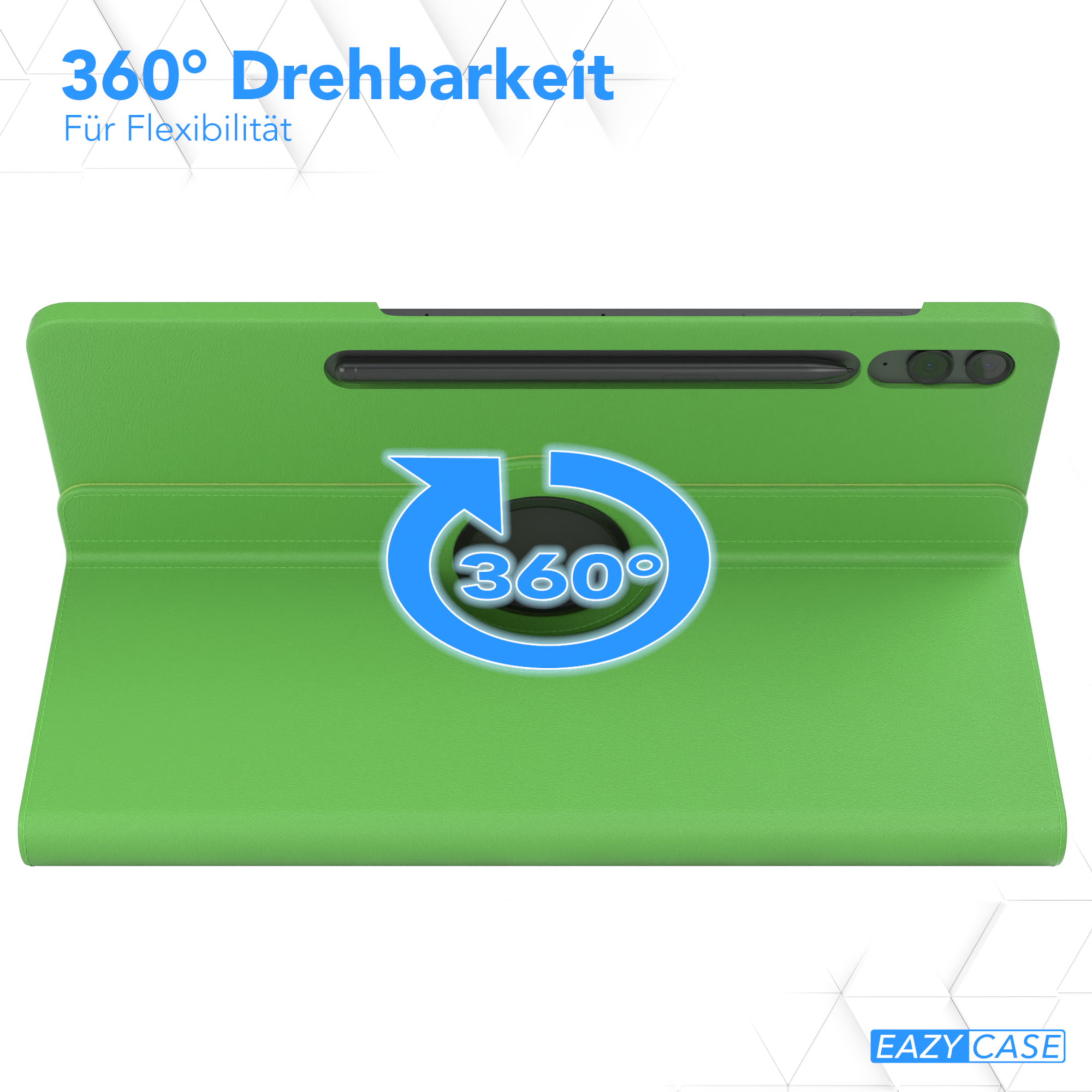 Grüne Tablethülle mit Drehmechanismus. Der Text "360° Dreh-barkeit" ist vorhanden.
