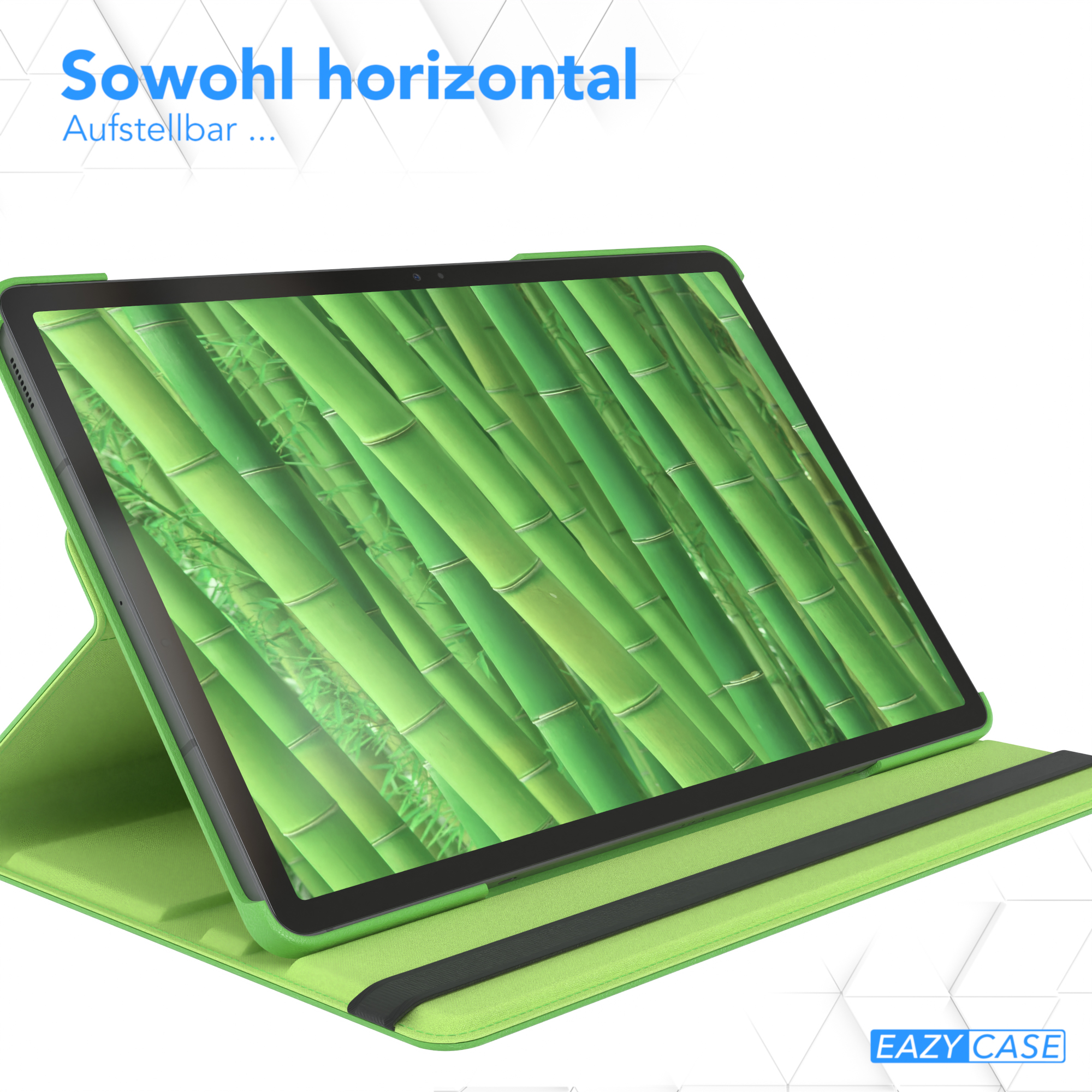 Ein Tablet in einer grünen Hülle, horizontal dargestellt, mit grünem Bambushintergrund auf dem Bildschirm.