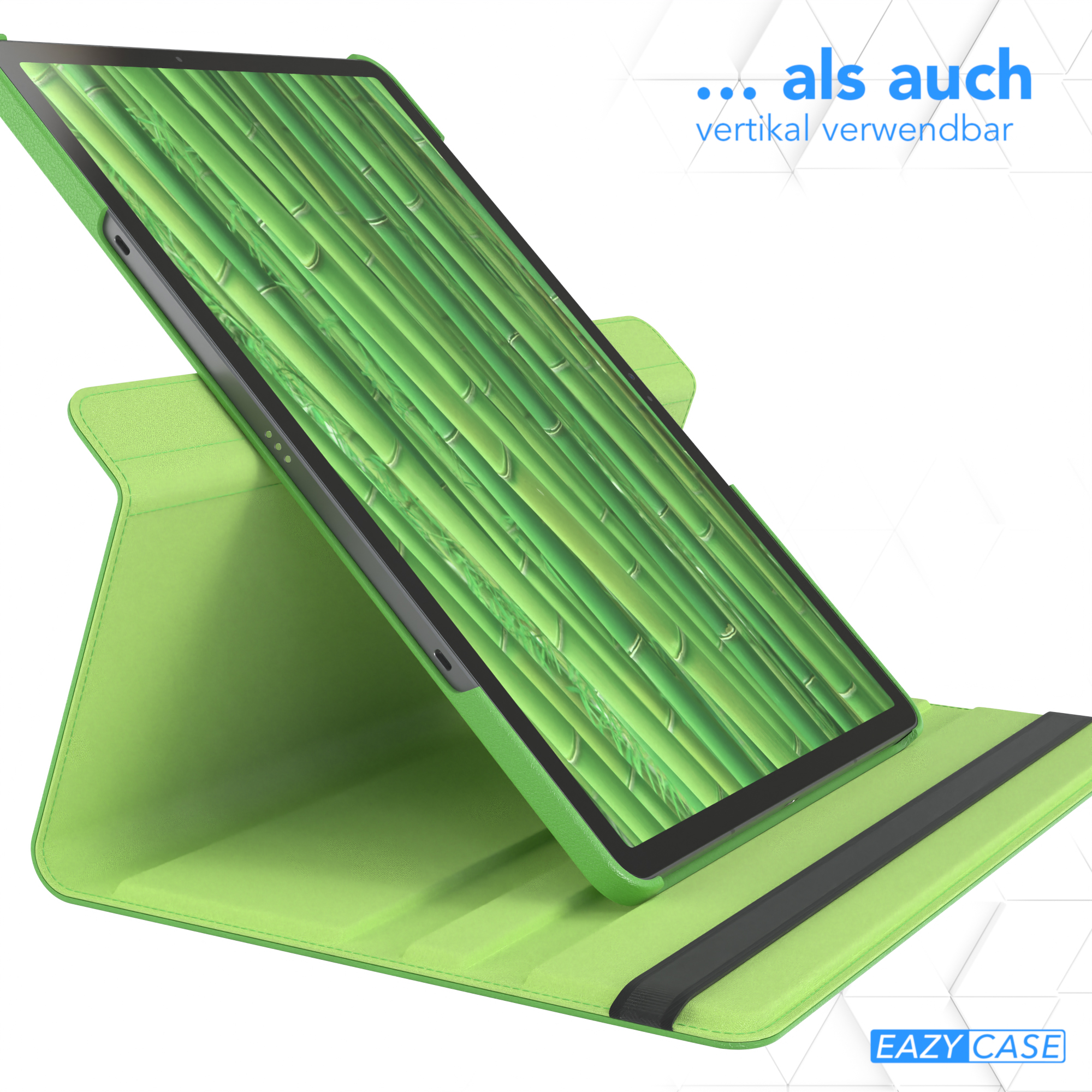 Geöffnete grüne Tablethülle, die ein Tablet mit Bambuswald-Bild hält, auch vertikal verwendbar.