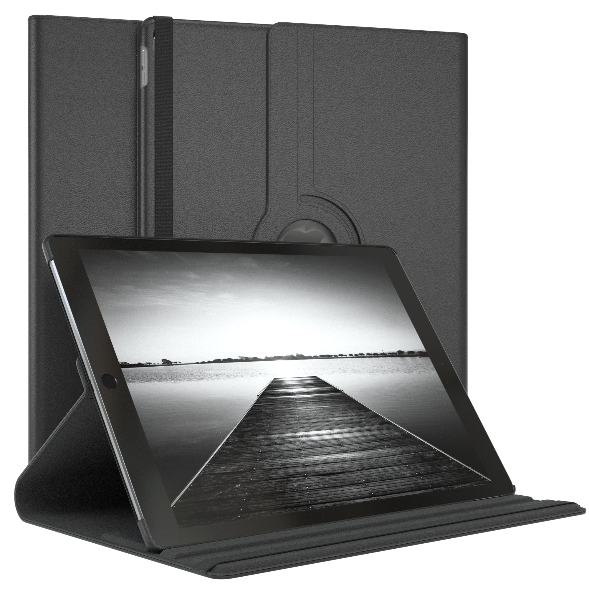 Tablet in schwarzer Hülle, mit einer See-Szene als Hintergrund auf dem Bildschirm.