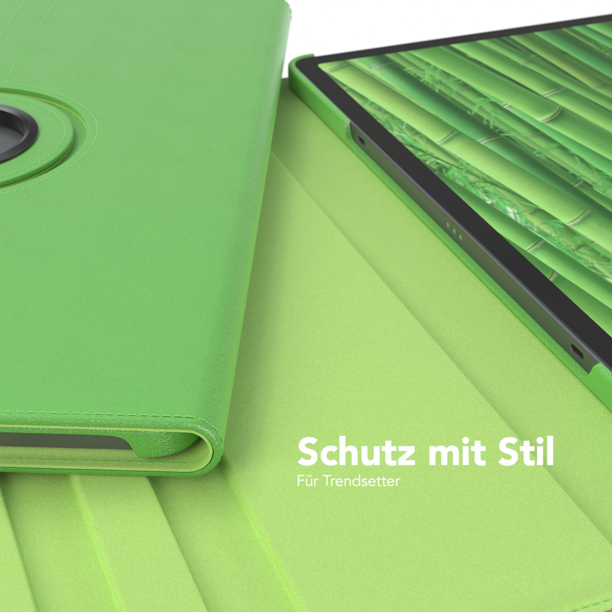 Grüne Tablet-Hülle. Text: Schutz mit Stil. Der Hintergrund ist eine grüne Oberfläche.