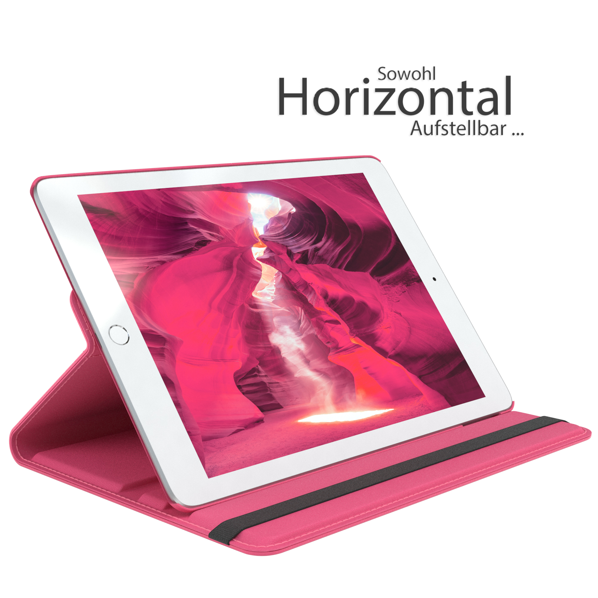 Rosafarbene Tablet-Hülle mit Tablet, das ein Wüsten-Canyon-Bild zeigt.