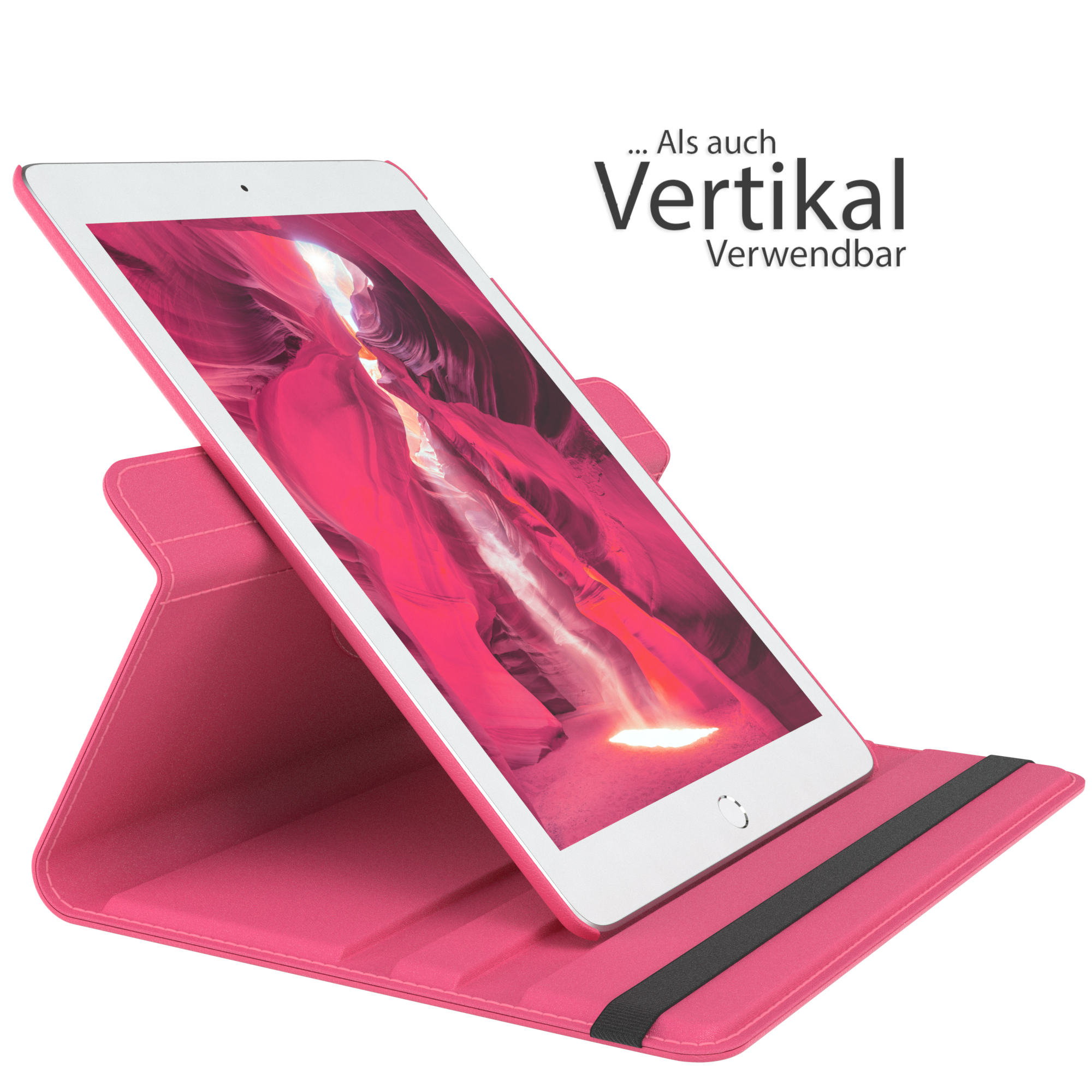Rosa Tablet in einem Ständer. Der Bildschirm zeigt eine abstrakte rosa und rote Schlucht. Text befindet sich oben.