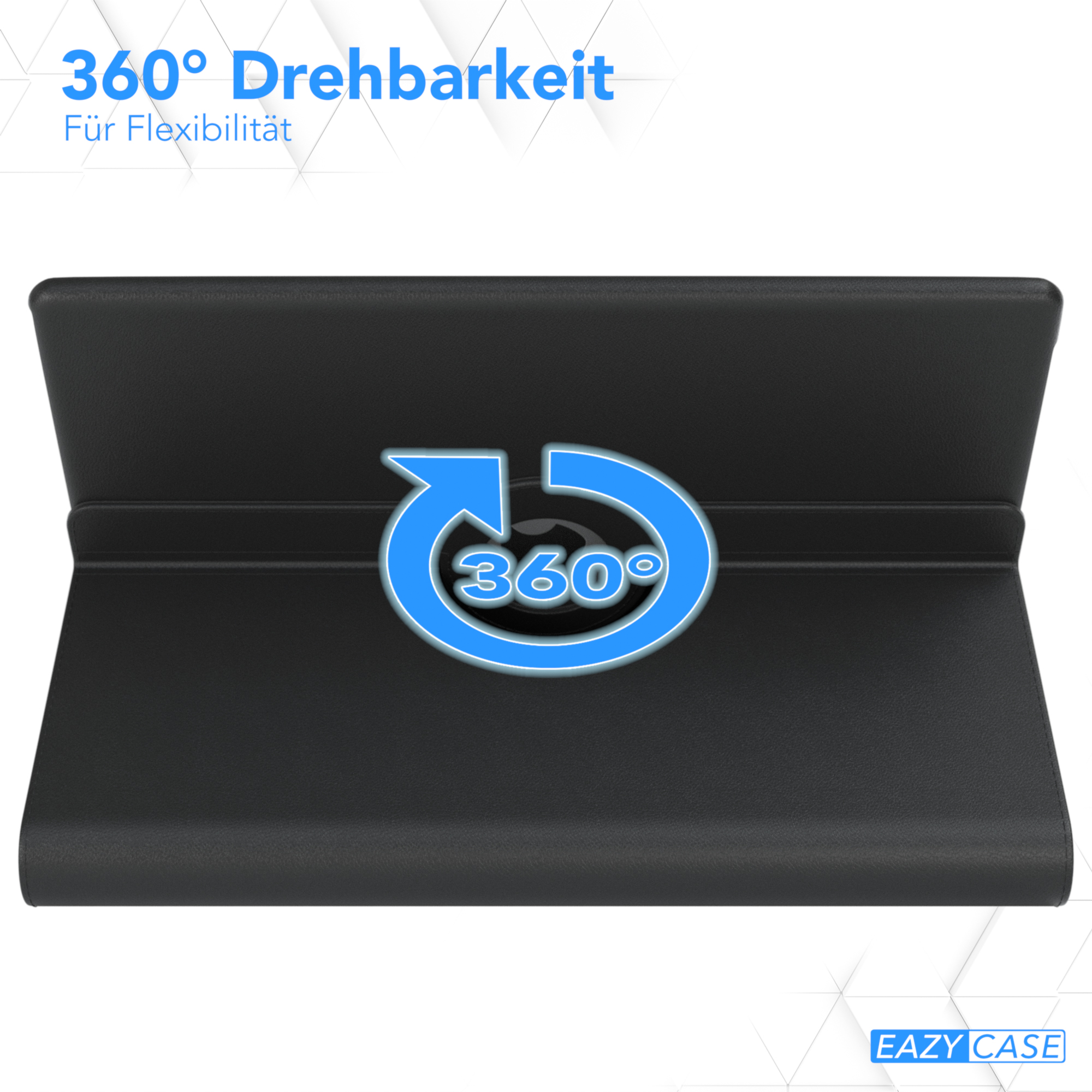 Eine schwarze Tablettasche mit einem Drehsymbol und dem Text '360° Drehbarkeit'.