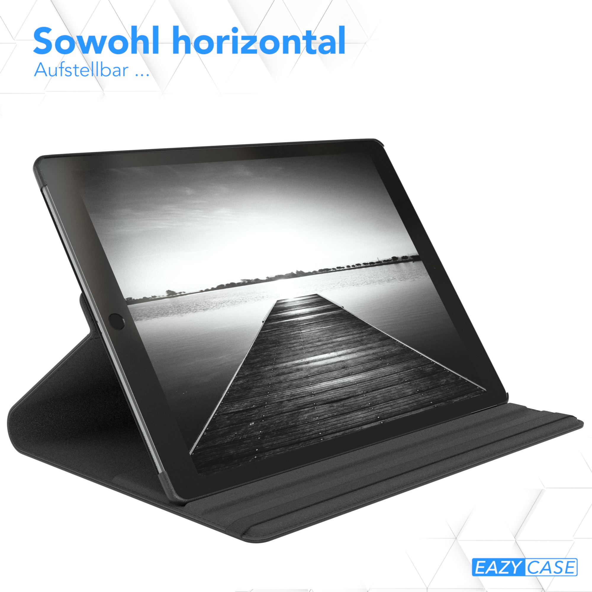 Tablet in schwarzem Gehäuse, im Querformat aufgestellt, auf einer Oberfläche angewinkelt. Text oben.